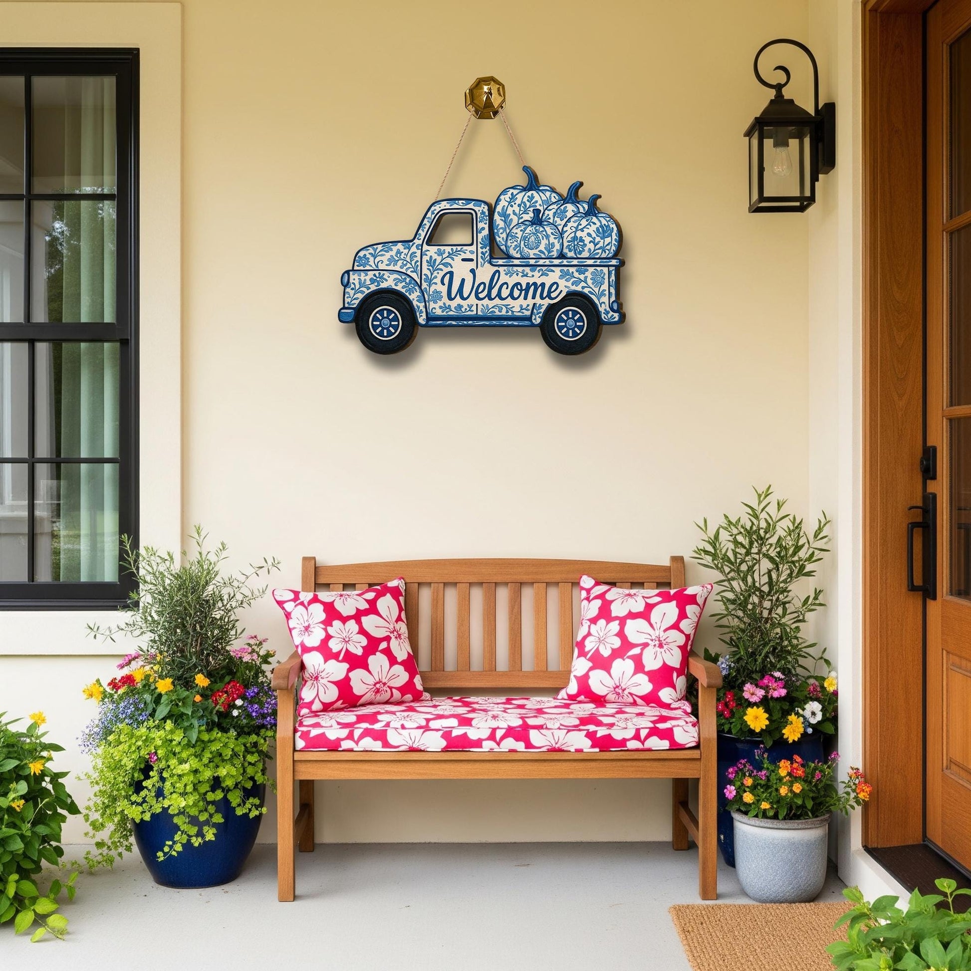 Chinoiserie Truck Door Sign, Blue and White Pumpkin Decor, Fall Welcome Wooden Sign, Front Porch Autumn Hanger, Farmhouse Style Art