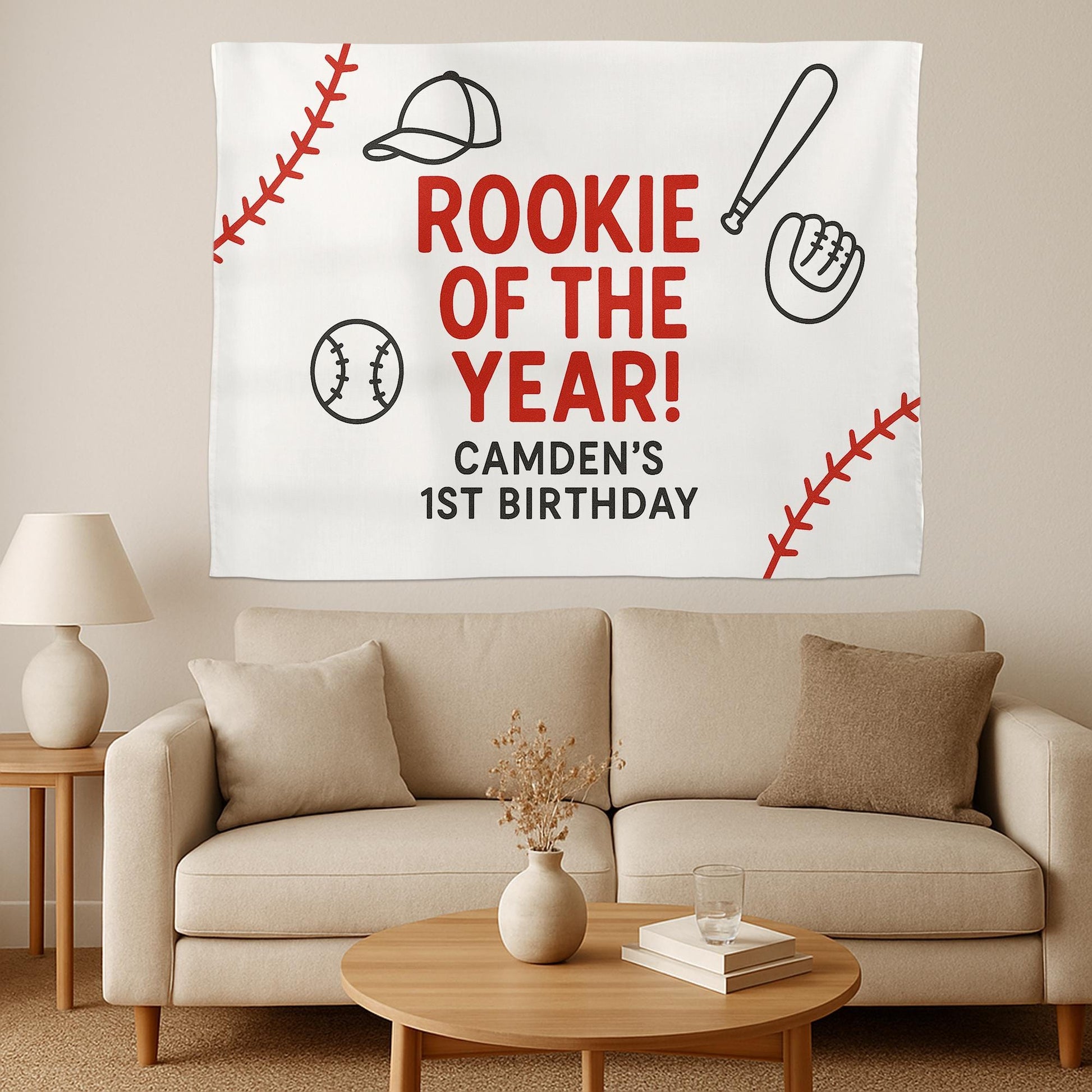 Rookie of the Year Birthday Banner - Custom Baseball 1st Birthday Tapestry - Personalized Sports Theme Party Backdrop for Boys