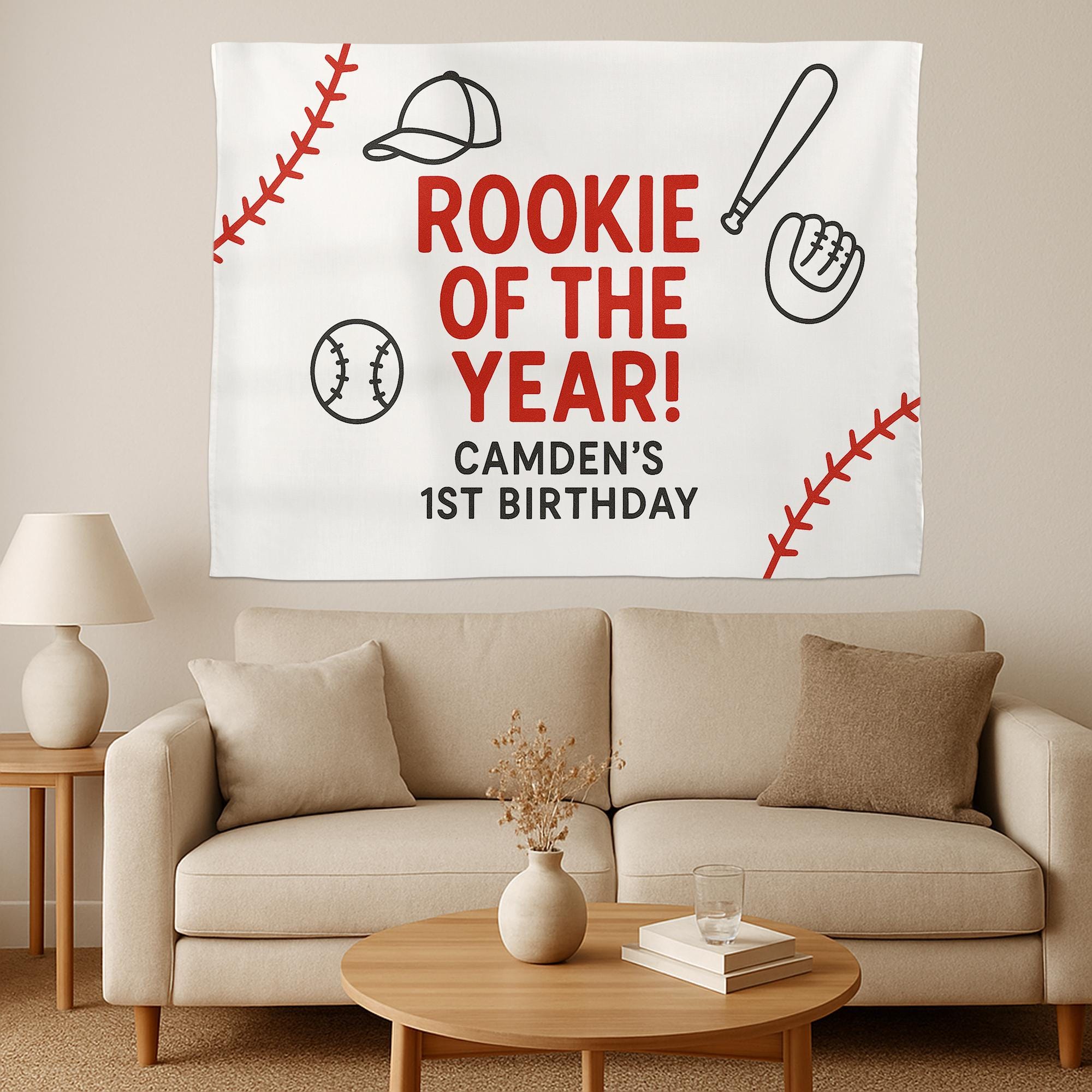 Rookie of the Year Birthday Banner - Custom Baseball 1st Birthday Tapestry - Personalized Sports Theme Party Backdrop for Boys