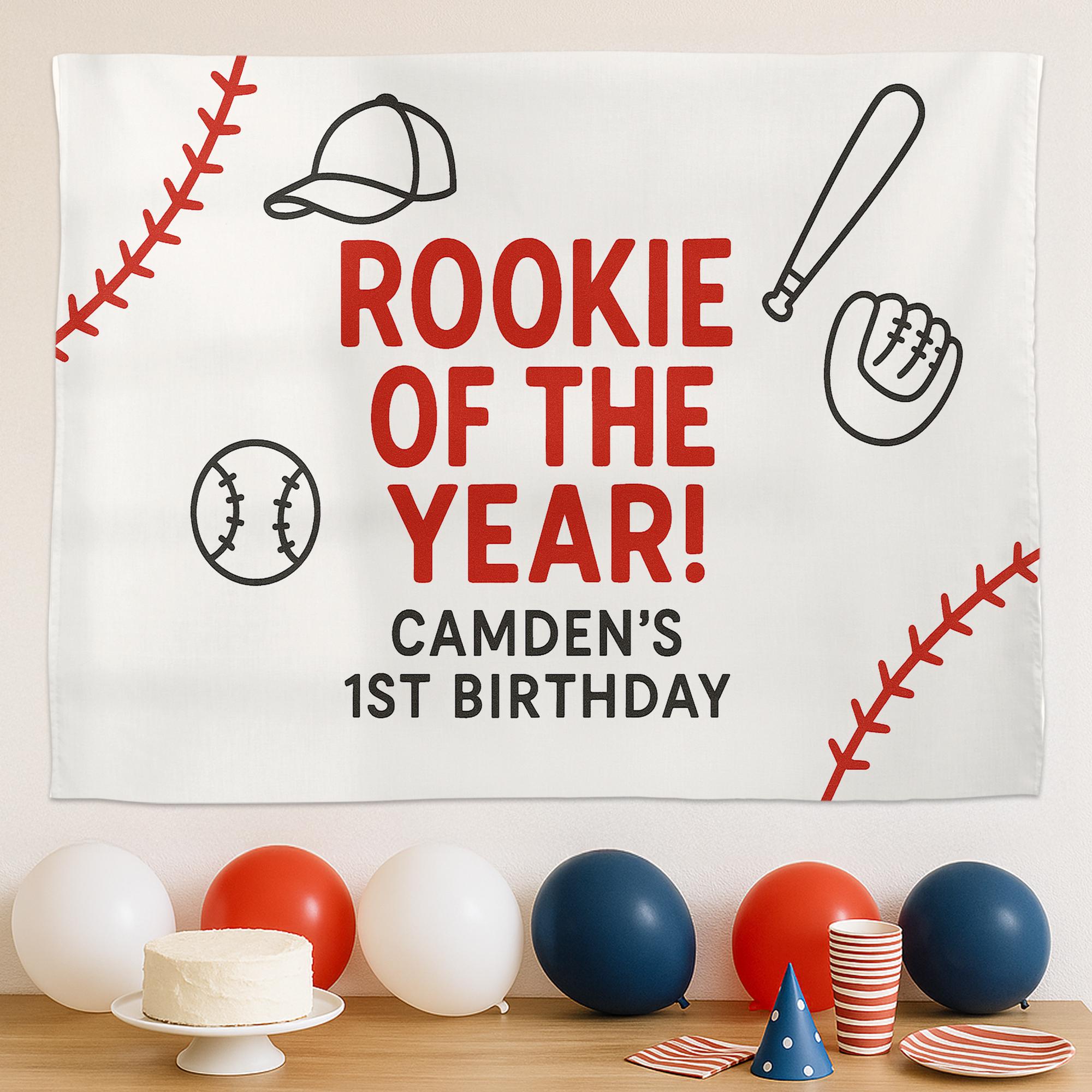 Rookie of the Year Birthday Banner - Custom Baseball 1st Birthday Tapestry - Personalized Sports Theme Party Backdrop for Boys
