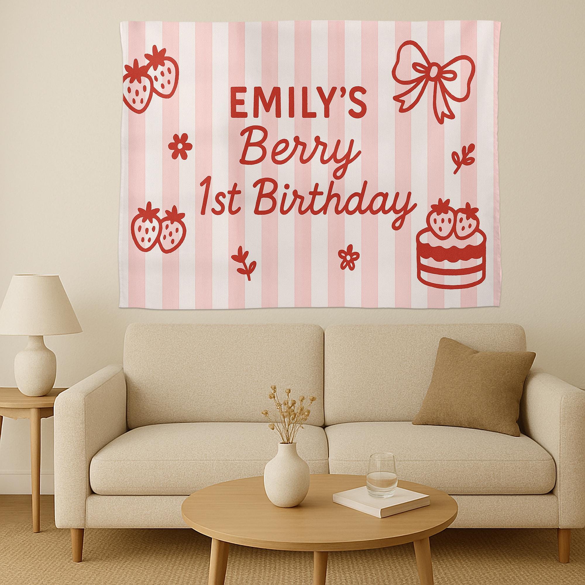 Berry First Birthday Banner - Custom Strawberry 1st Birthday Tapestry for Girls - Personalized Pink Party Backdrop Decor
