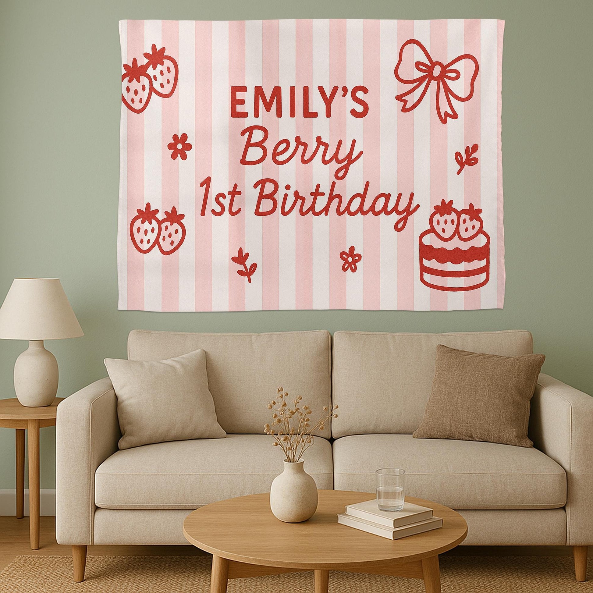 Berry First Birthday Banner - Custom Strawberry 1st Birthday Tapestry for Girls - Personalized Pink Party Backdrop Decor