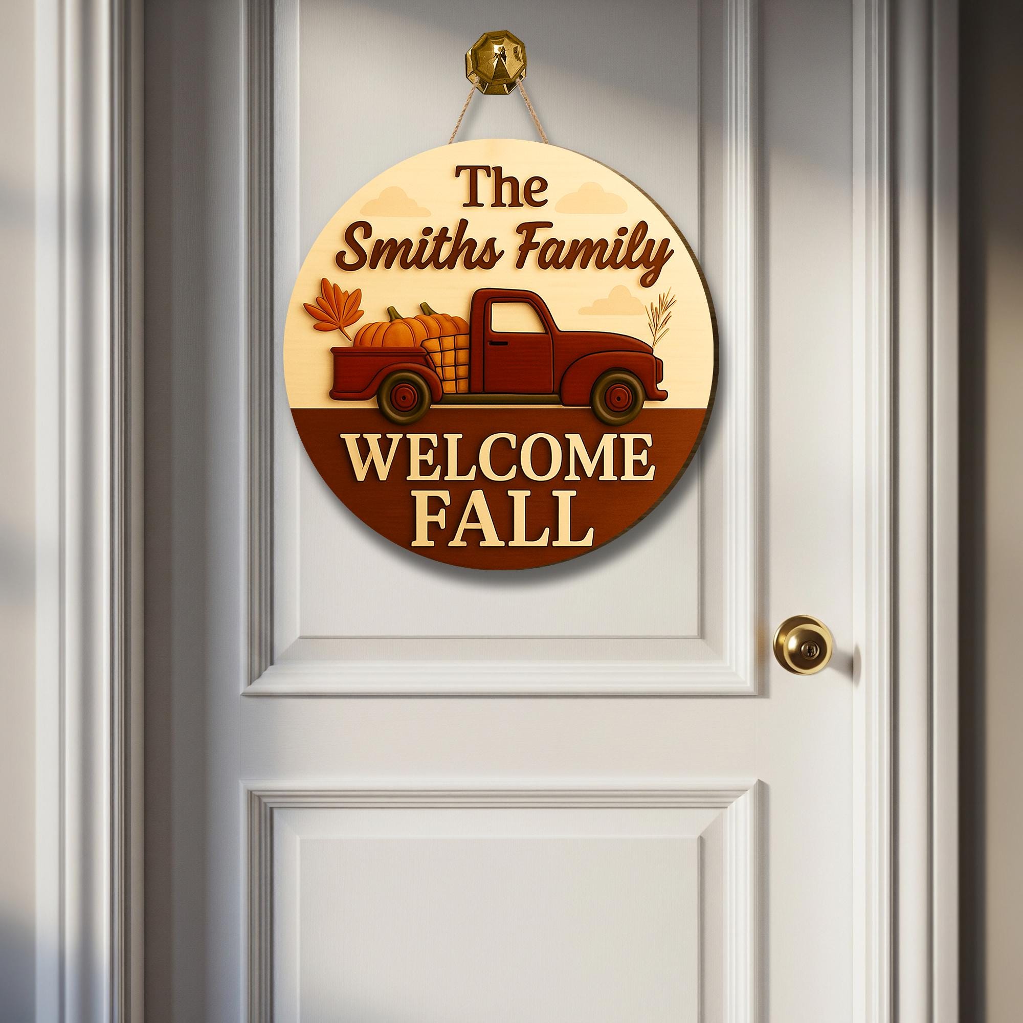 Personalized Fall Door Hanger, Custom Welcome Sign with Truck & Pumpkins, Autumn Porch Decor, Family Name Fall Decoration