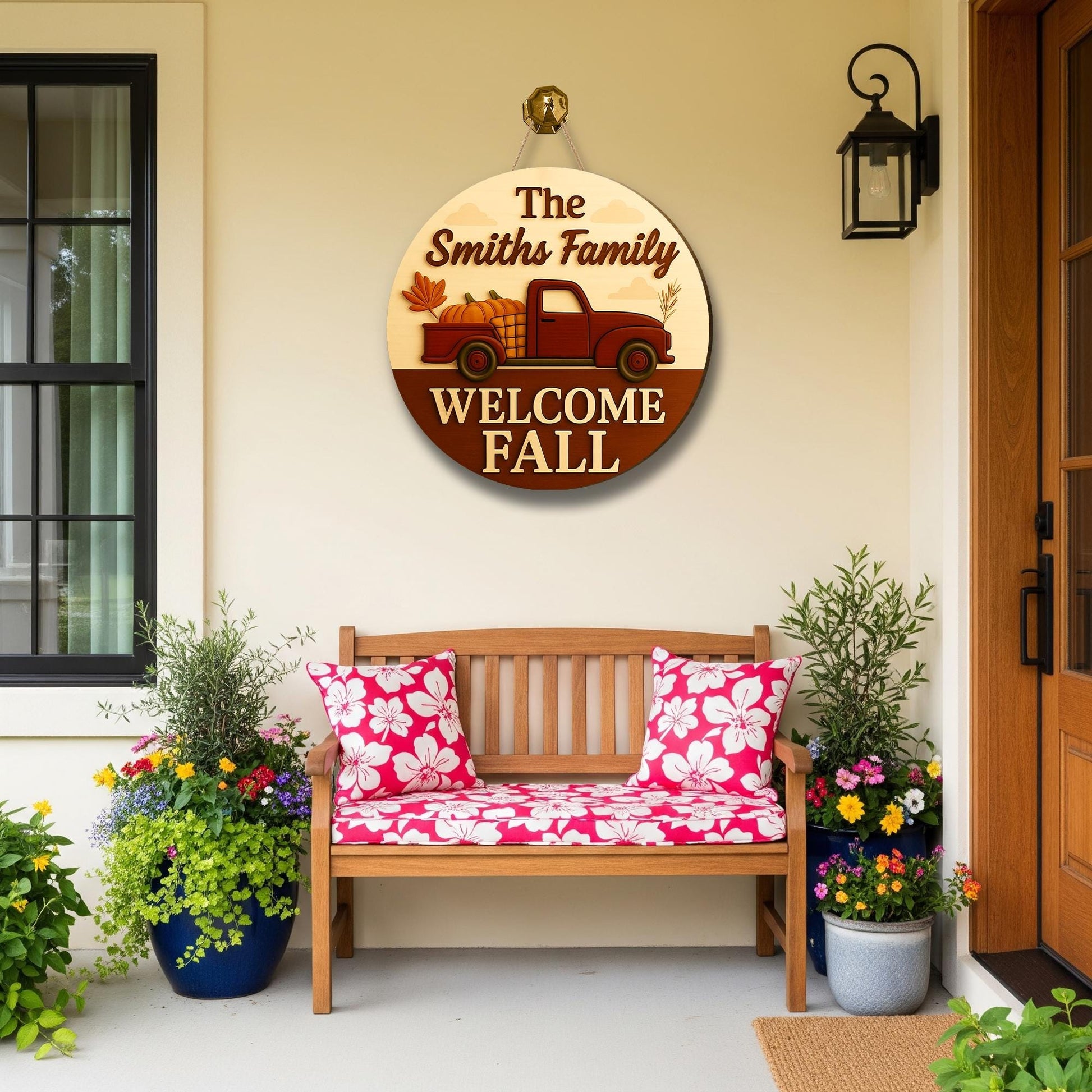 Personalized Fall Door Hanger, Custom Welcome Sign with Truck & Pumpkins, Autumn Porch Decor, Family Name Fall Decoration