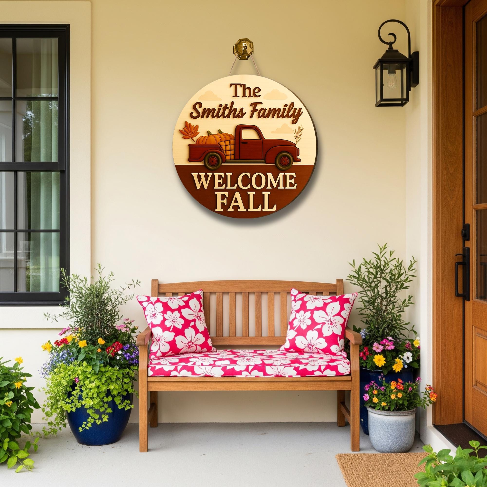 Personalized Fall Door Hanger, Custom Welcome Sign with Truck & Pumpkins, Autumn Porch Decor, Family Name Fall Decoration