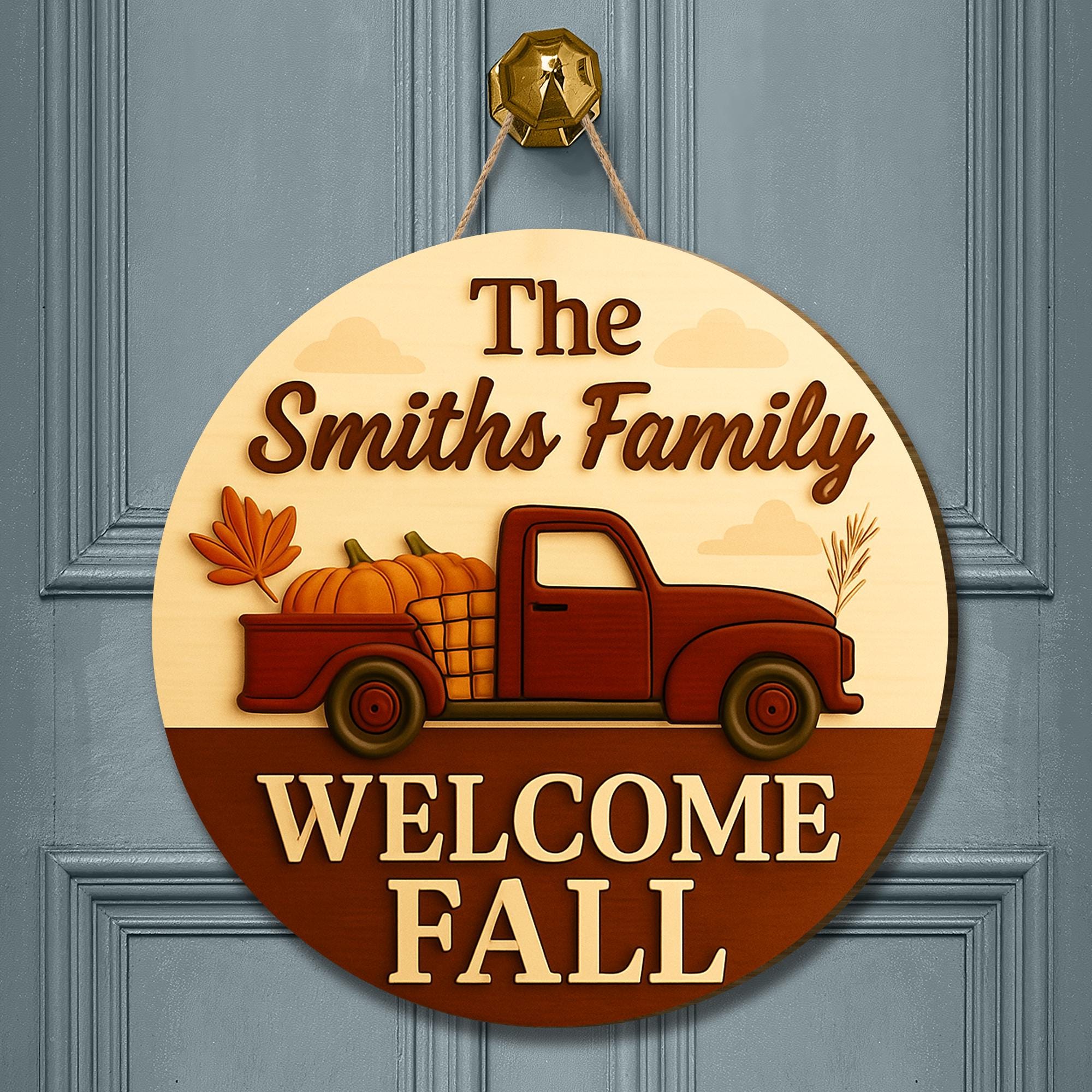 Personalized Fall Door Hanger, Custom Welcome Sign with Truck & Pumpkins, Autumn Porch Decor, Family Name Fall Decoration