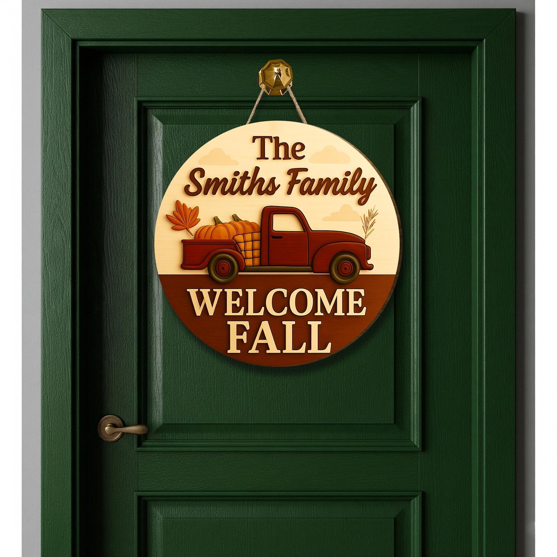 Personalized Fall Door Hanger, Custom Welcome Sign with Truck & Pumpkins, Autumn Porch Decor, Family Name Fall Decoration