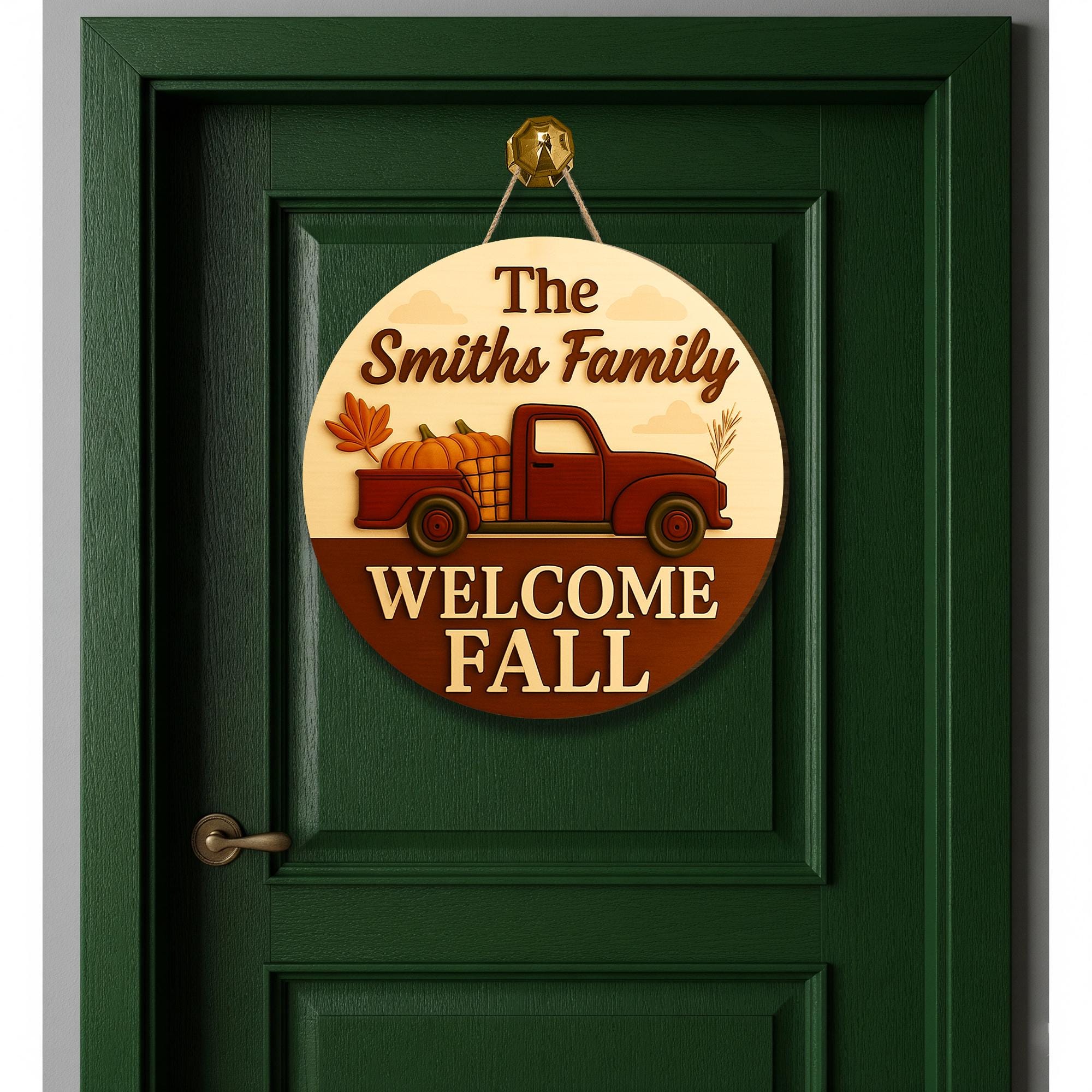 Personalized Fall Door Hanger, Custom Welcome Sign with Truck & Pumpkins, Autumn Porch Decor, Family Name Fall Decoration