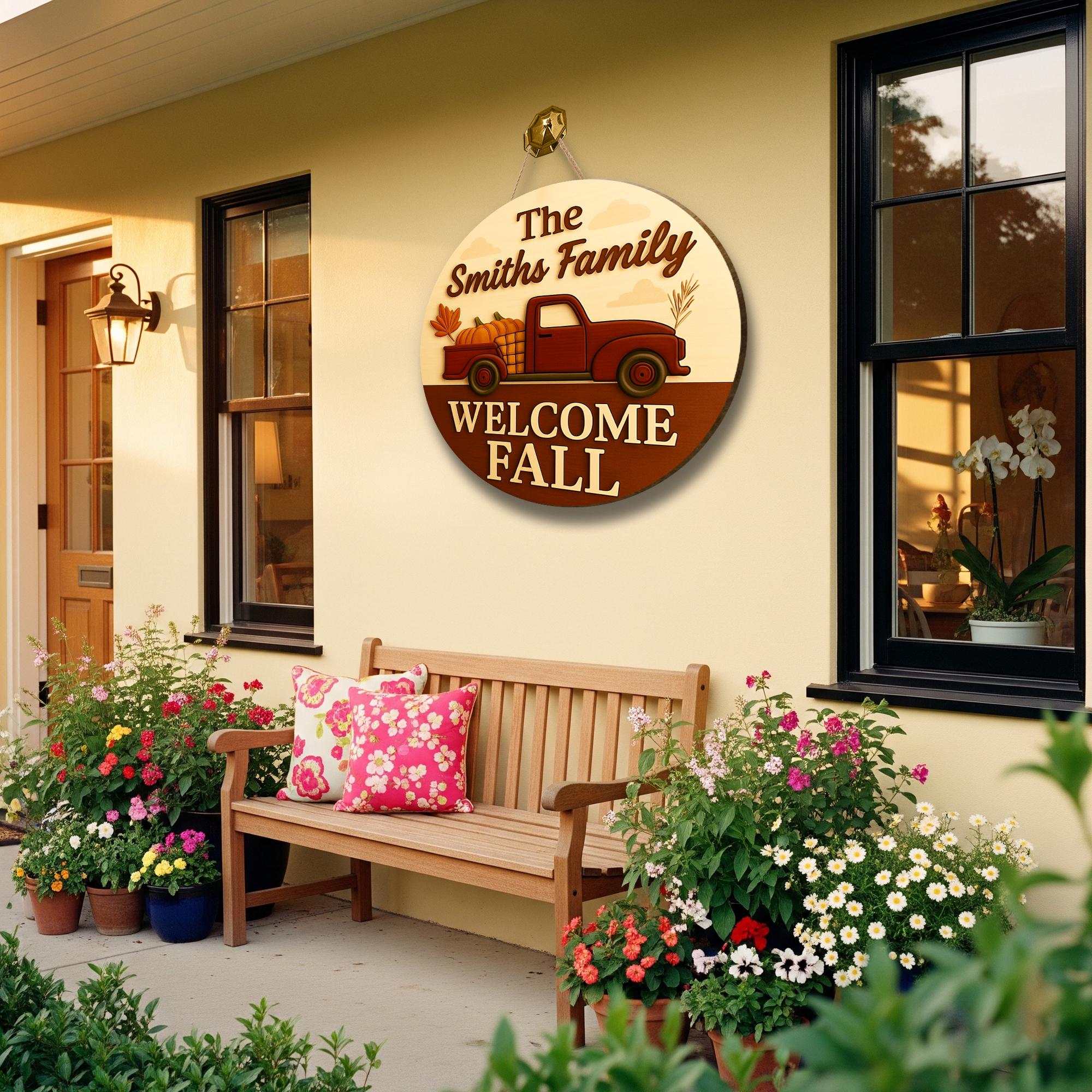Personalized Fall Door Hanger, Custom Welcome Sign with Truck & Pumpkins, Autumn Porch Decor, Family Name Fall Decoration