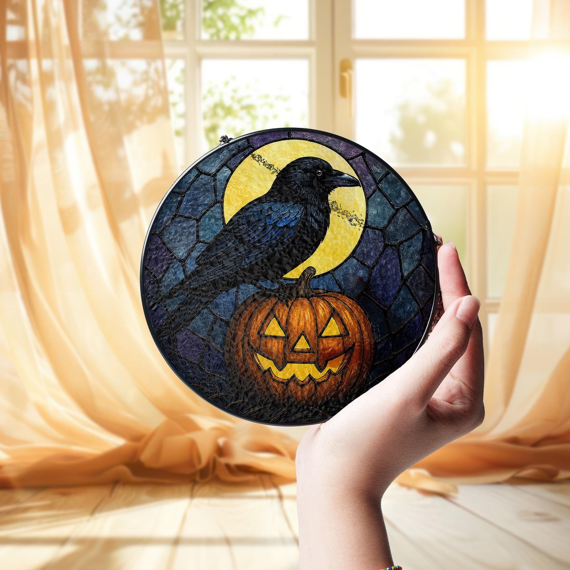 Halloween Crow Suncatcher, Stained Glass Pumpkin Decor, Raven Window Hanging, Spooky Gothic Fall Gift, Jack-o’-Lantern Art