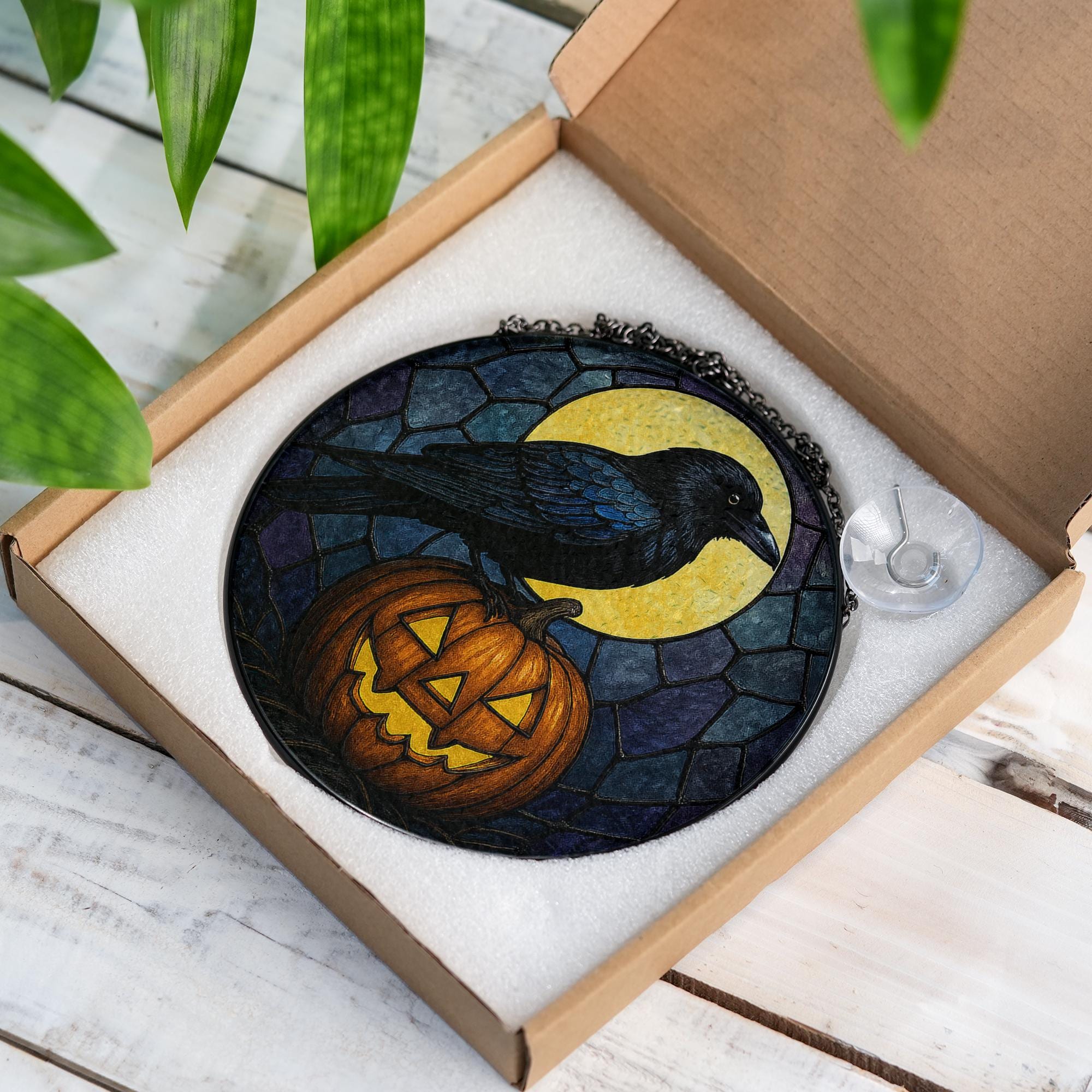 Halloween Crow Suncatcher, Stained Glass Pumpkin Decor, Raven Window Hanging, Spooky Gothic Fall Gift, Jack-o’-Lantern Art