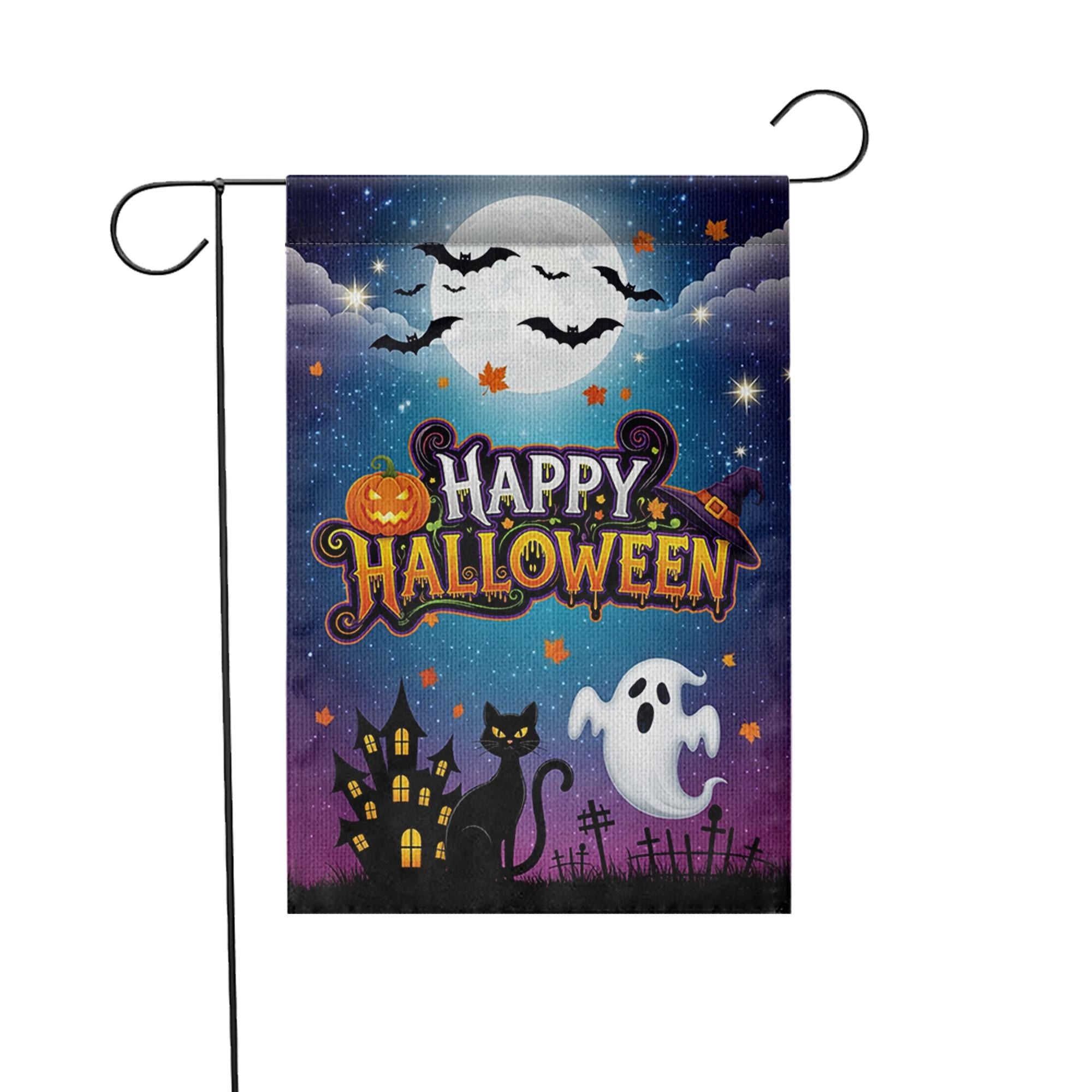 Halloween Garden Flag, Happy Halloween Outdoor Yard Decor, Ghost Cat Bat Moon Banner, Spooky Fall Lawn Decoration