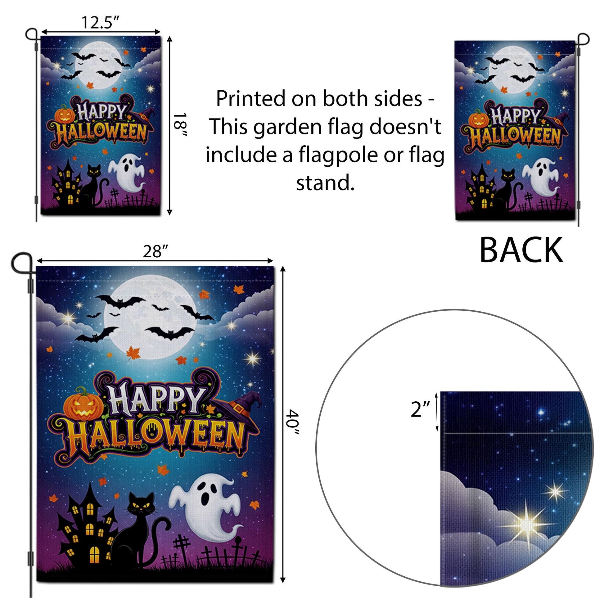 Halloween Garden Flag, Happy Halloween Outdoor Yard Decor, Ghost Cat Bat Moon Banner, Spooky Fall Lawn Decoration