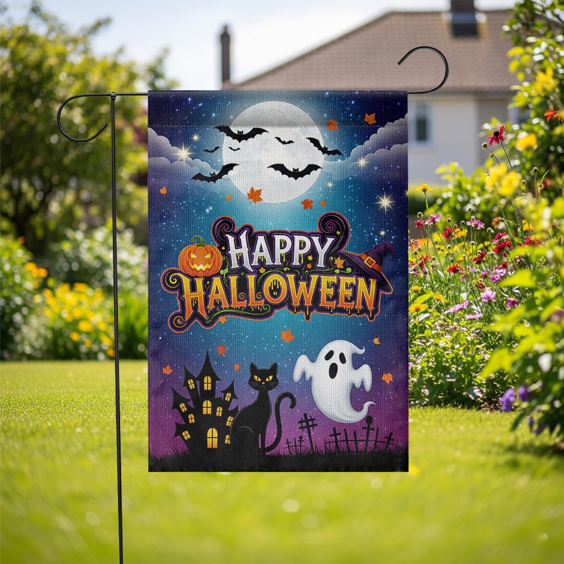 Halloween Garden Flag, Happy Halloween Outdoor Yard Decor, Ghost Cat Bat Moon Banner, Spooky Fall Lawn Decoration