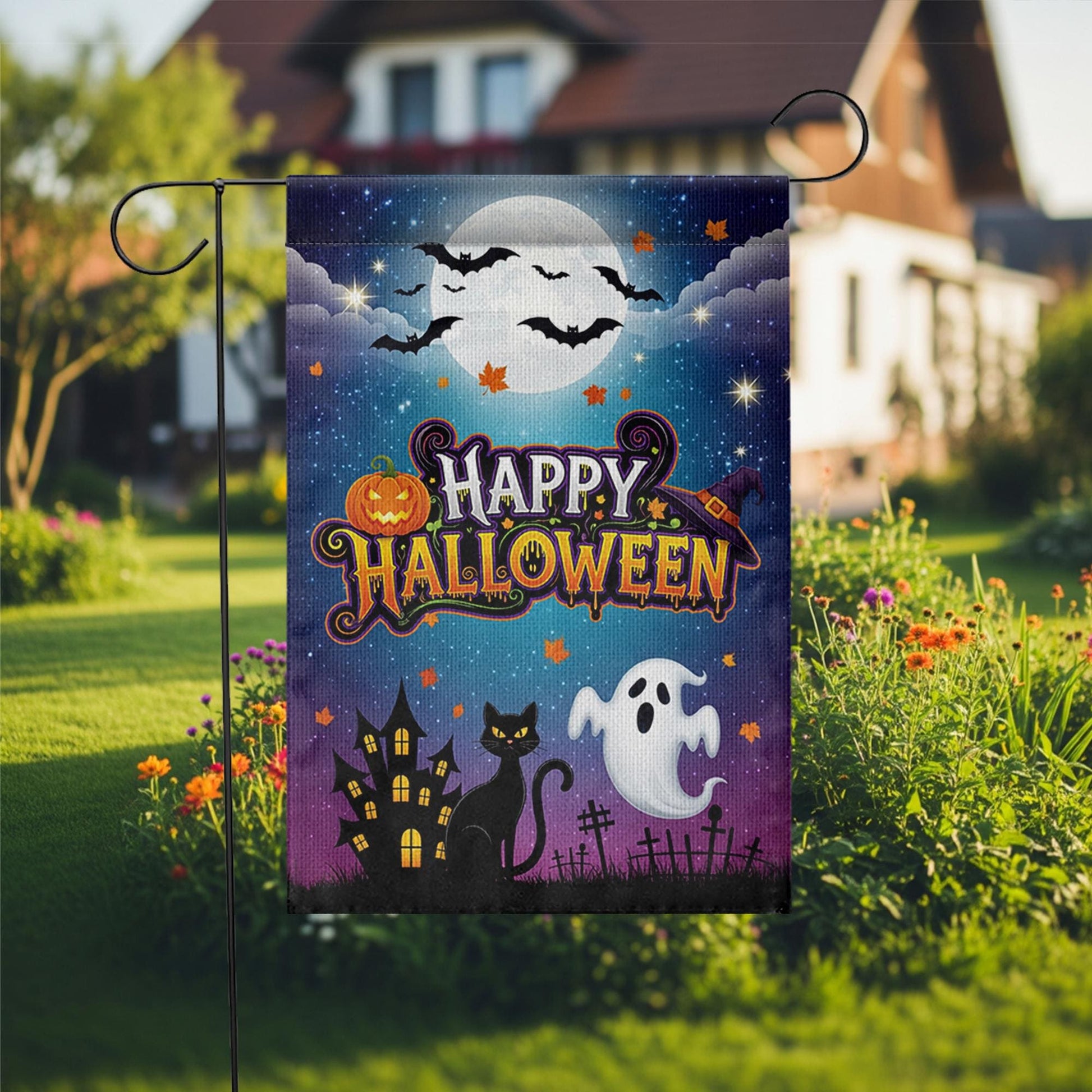 Halloween Garden Flag, Happy Halloween Outdoor Yard Decor, Ghost Cat Bat Moon Banner, Spooky Fall Lawn Decoration