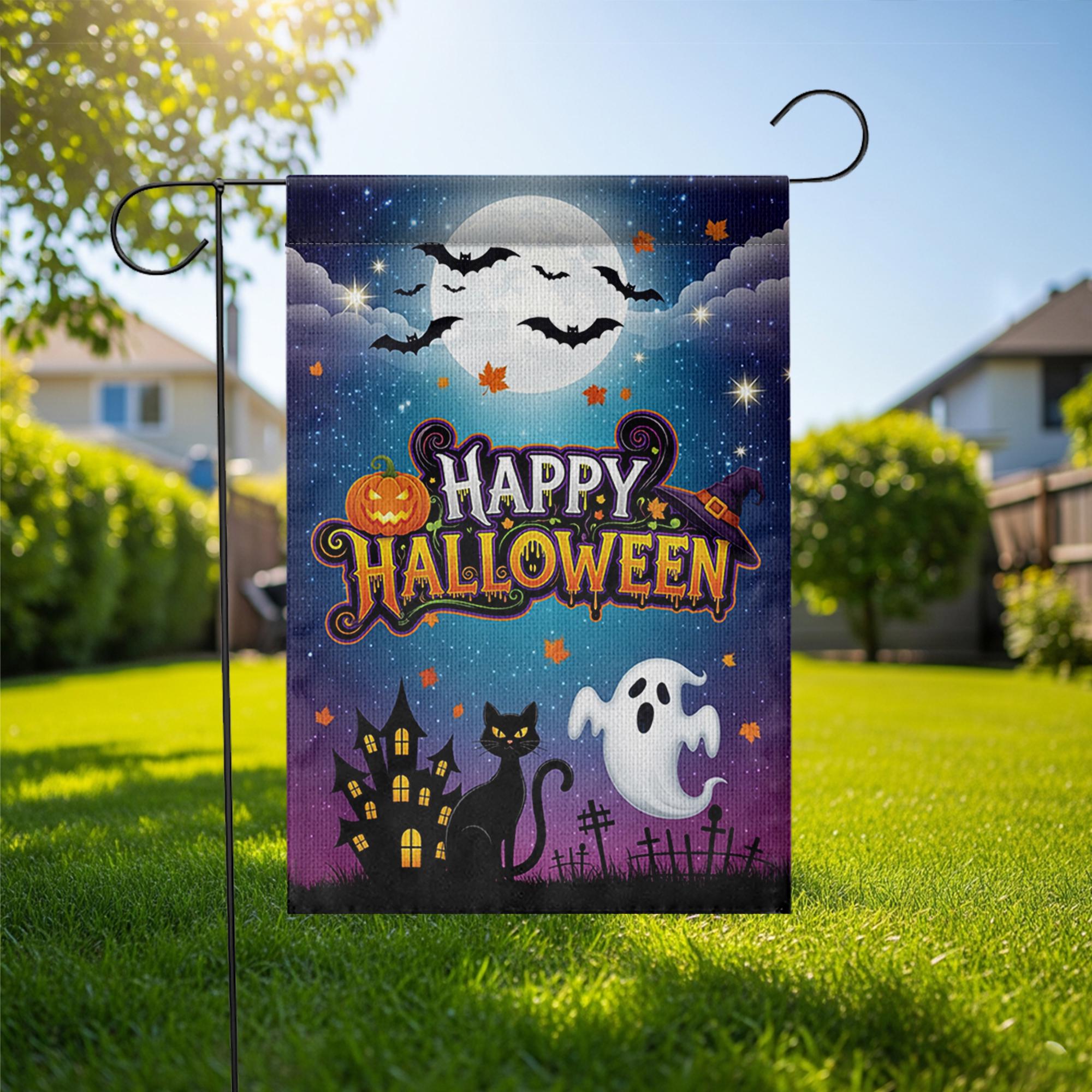 Halloween Garden Flag, Happy Halloween Outdoor Yard Decor, Ghost Cat Bat Moon Banner, Spooky Fall Lawn Decoration