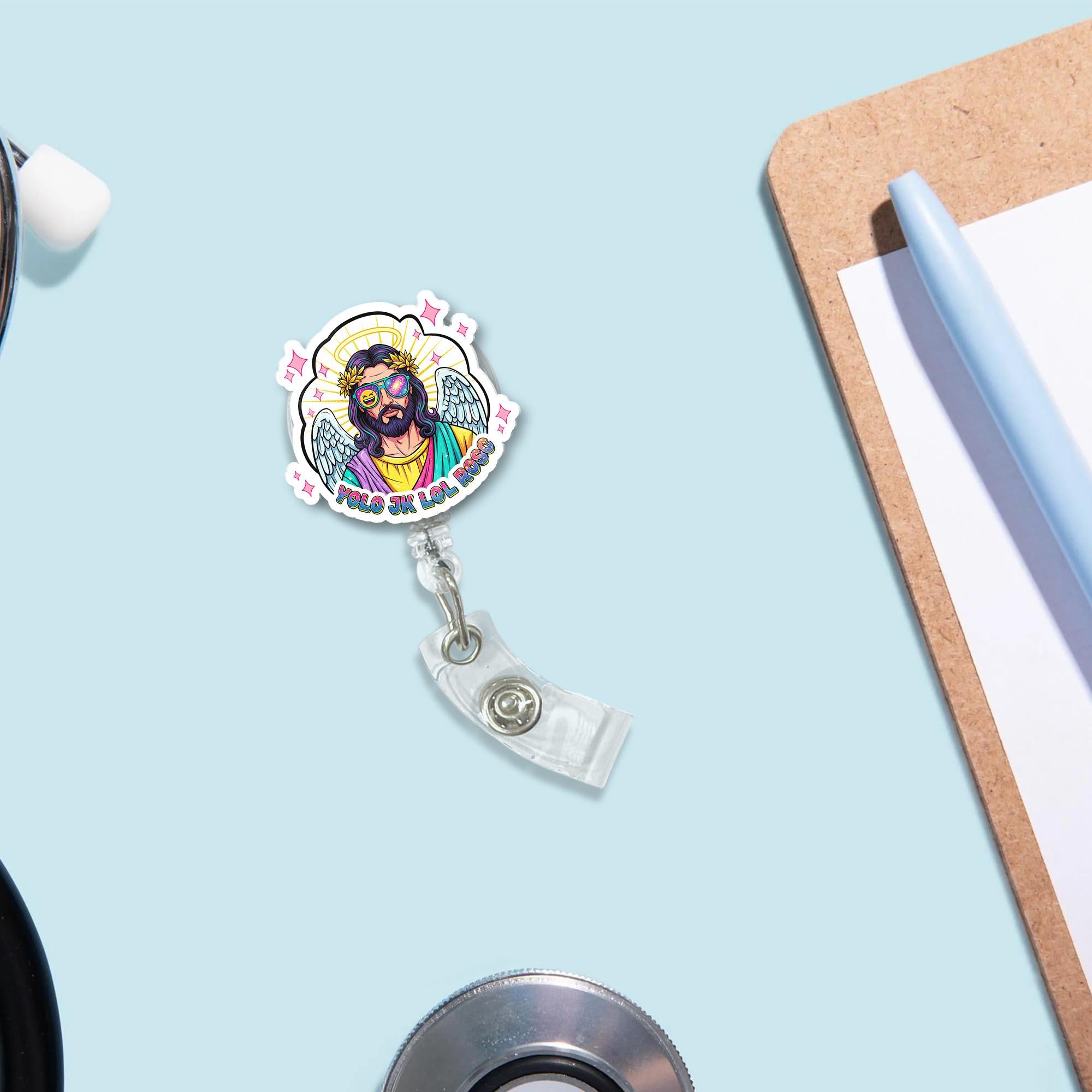 Funny Jesus Badge Reel, YOLO LOL Amen ID Holder, Retro Angel Aesthetic Clip, Cute Christian Gift, Nurse Work Accessory