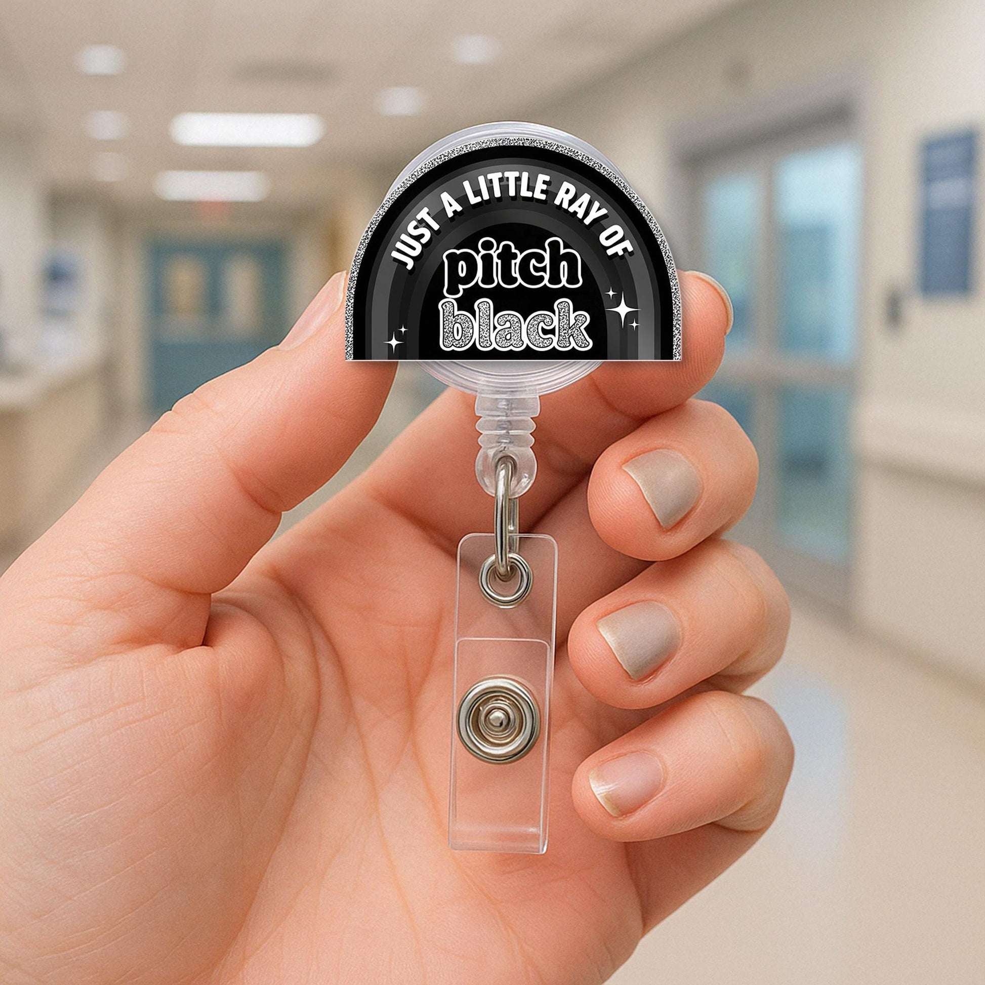 Funny Goth Badge Reel, Just a Little Ray of Pitch Black ID Holder, Dark Humor Clip for Nurses, Work Accessory with Attitude