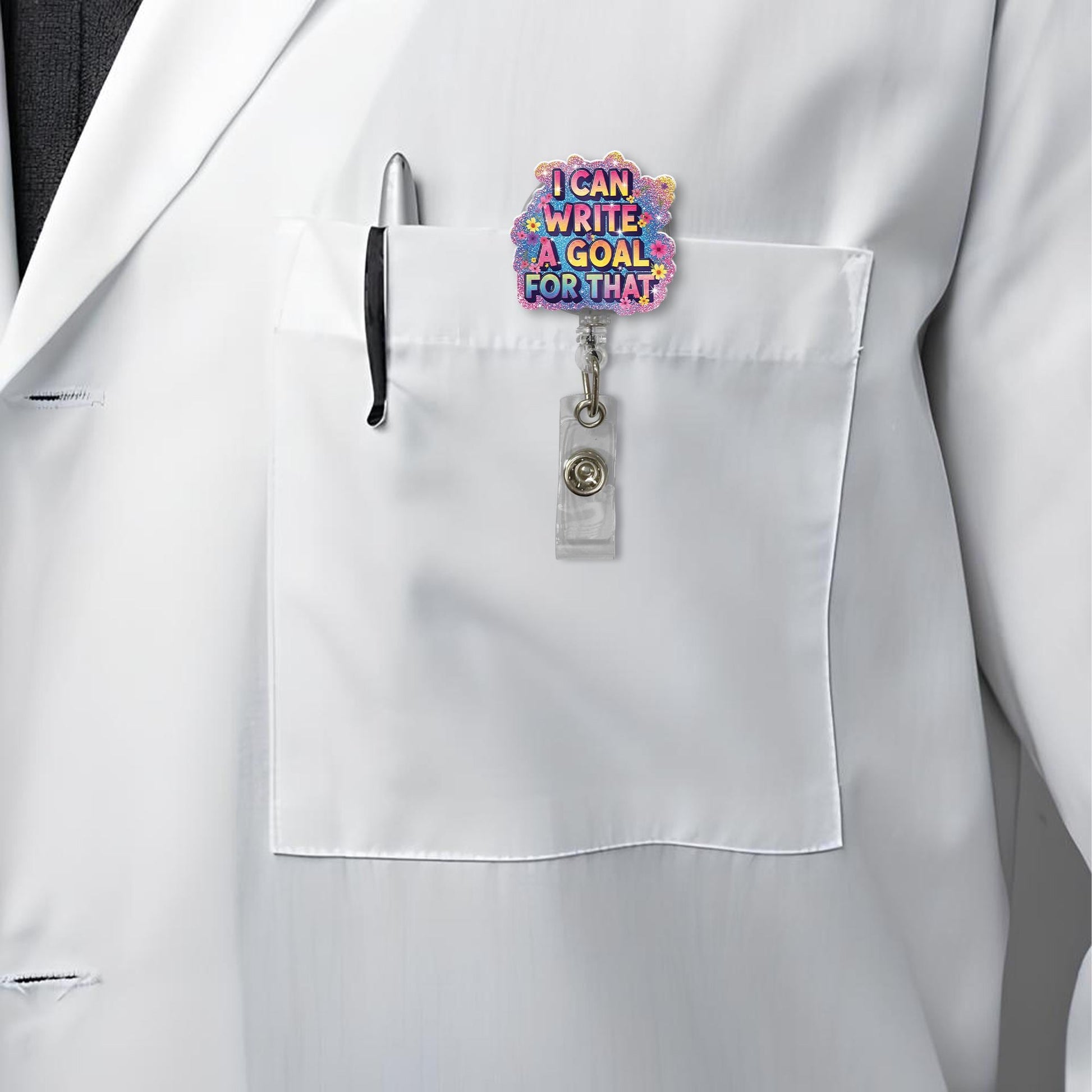 I Can Write a Goal for That Badge Reel – Funny Glitter Special Ed Teacher ID Holder, SPED Lanyard Accessory, Cute Work Gift Idea