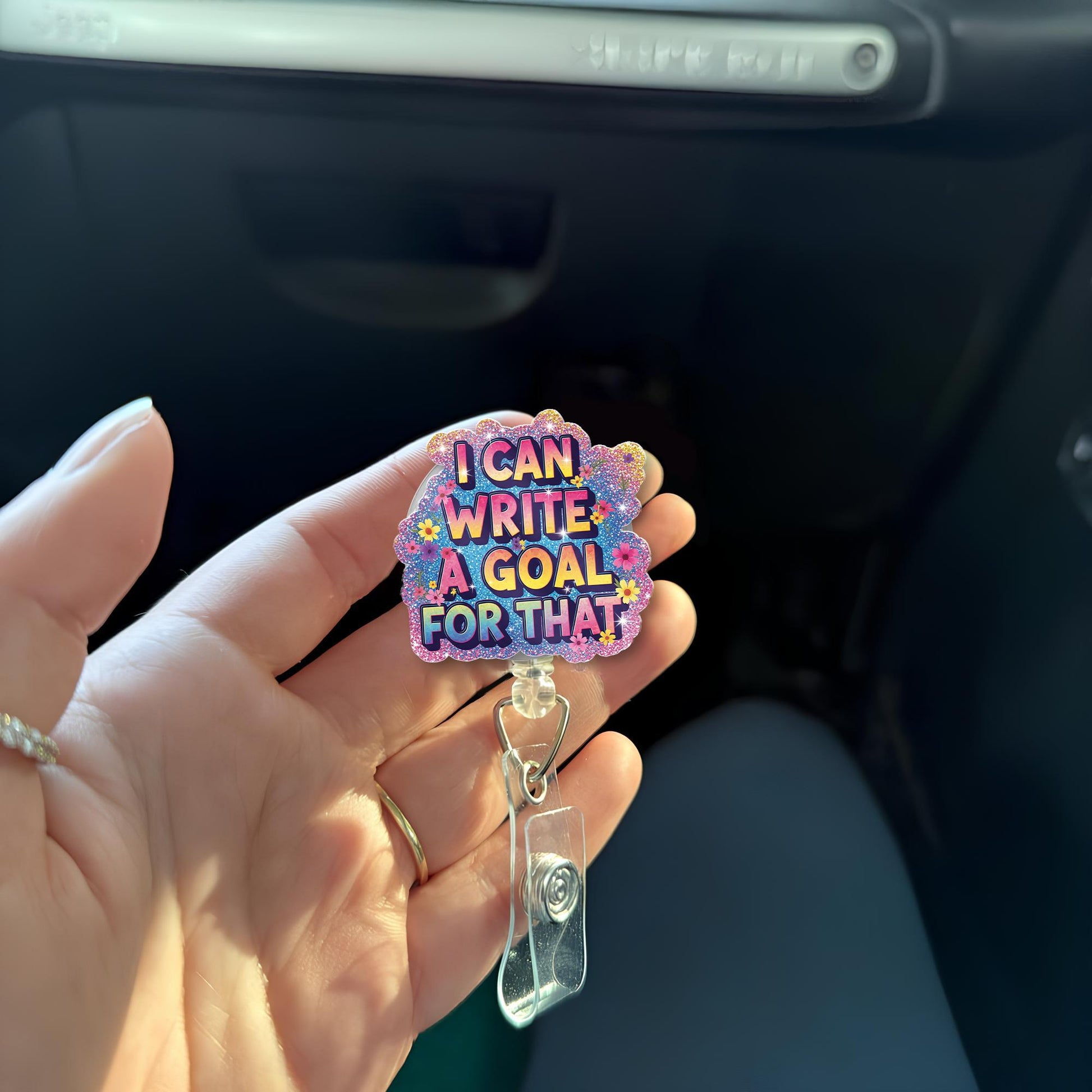 I Can Write a Goal for That Badge Reel – Funny Glitter Special Ed Teacher ID Holder, SPED Lanyard Accessory, Cute Work Gift Idea