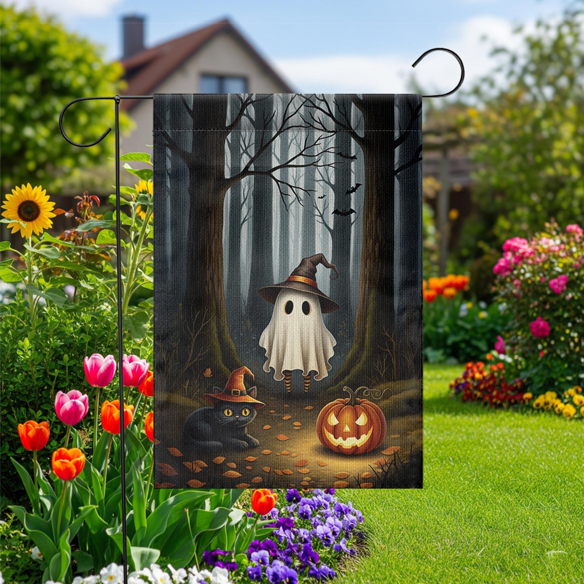 Halloween Garden Flag with Ghost Cat and Pumpkin – Spooky Fall Outdoor Yard Decor, Witch Hat Forest Scene, Autumn Welcome Sign