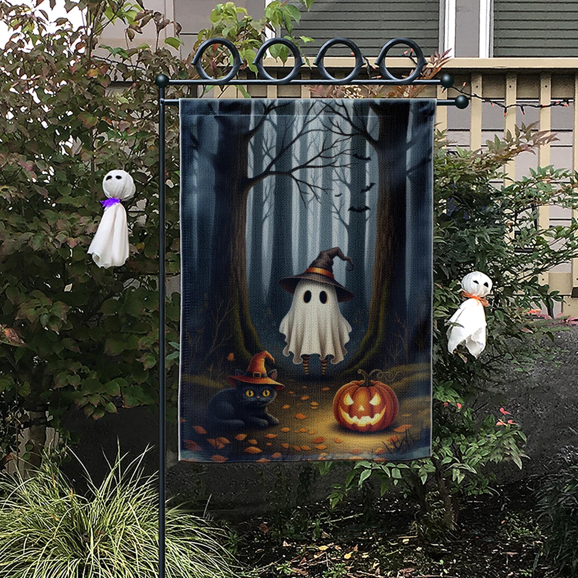 Halloween Garden Flag with Ghost Cat and Pumpkin – Spooky Fall Outdoor Yard Decor, Witch Hat Forest Scene, Autumn Welcome Sign