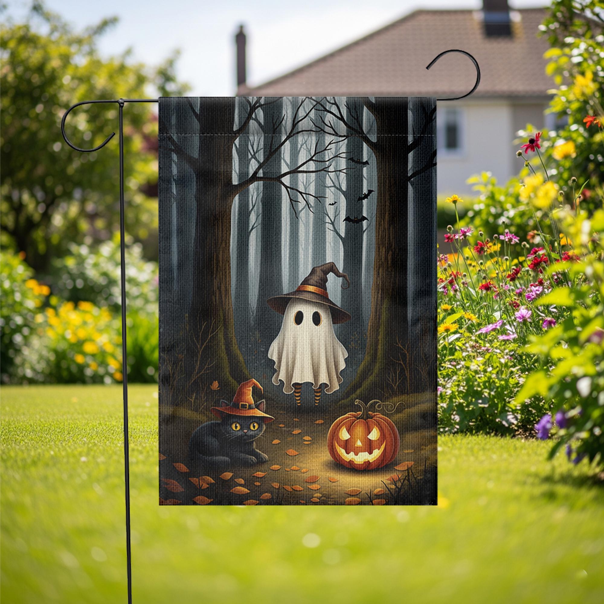 Halloween Garden Flag with Ghost Cat and Pumpkin – Spooky Fall Outdoor Yard Decor, Witch Hat Forest Scene, Autumn Welcome Sign