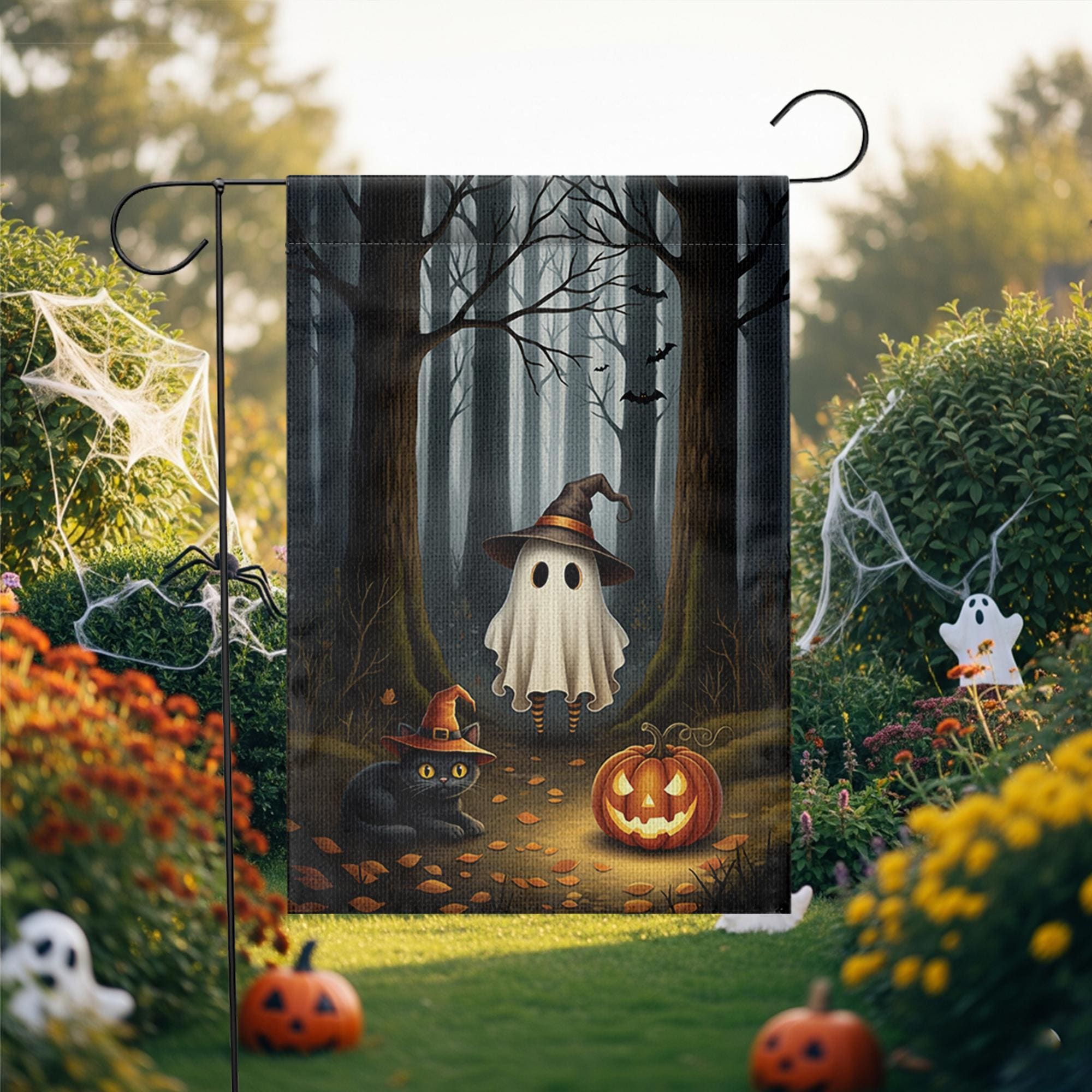 Halloween Garden Flag with Ghost Cat and Pumpkin – Spooky Fall Outdoor Yard Decor, Witch Hat Forest Scene, Autumn Welcome Sign