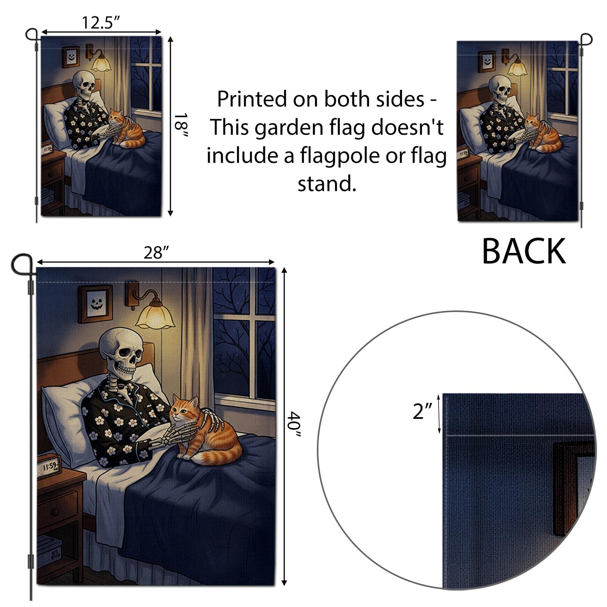 Funny Skeleton and Cat Garden Flag – Halloween Spooky Bedroom Decor, Cozy Skeleton Night Scene, Gothic Fall Outdoor Yard Banner