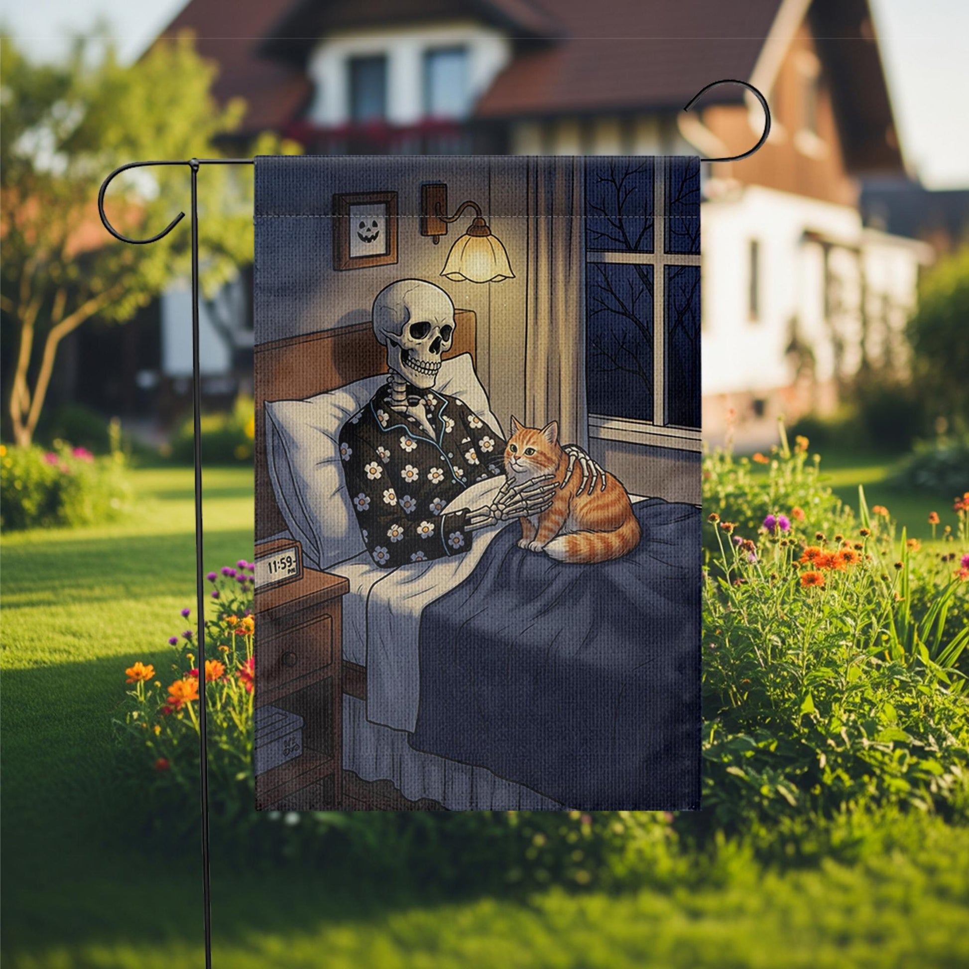 Funny Skeleton and Cat Garden Flag – Halloween Spooky Bedroom Decor, Cozy Skeleton Night Scene, Gothic Fall Outdoor Yard Banner
