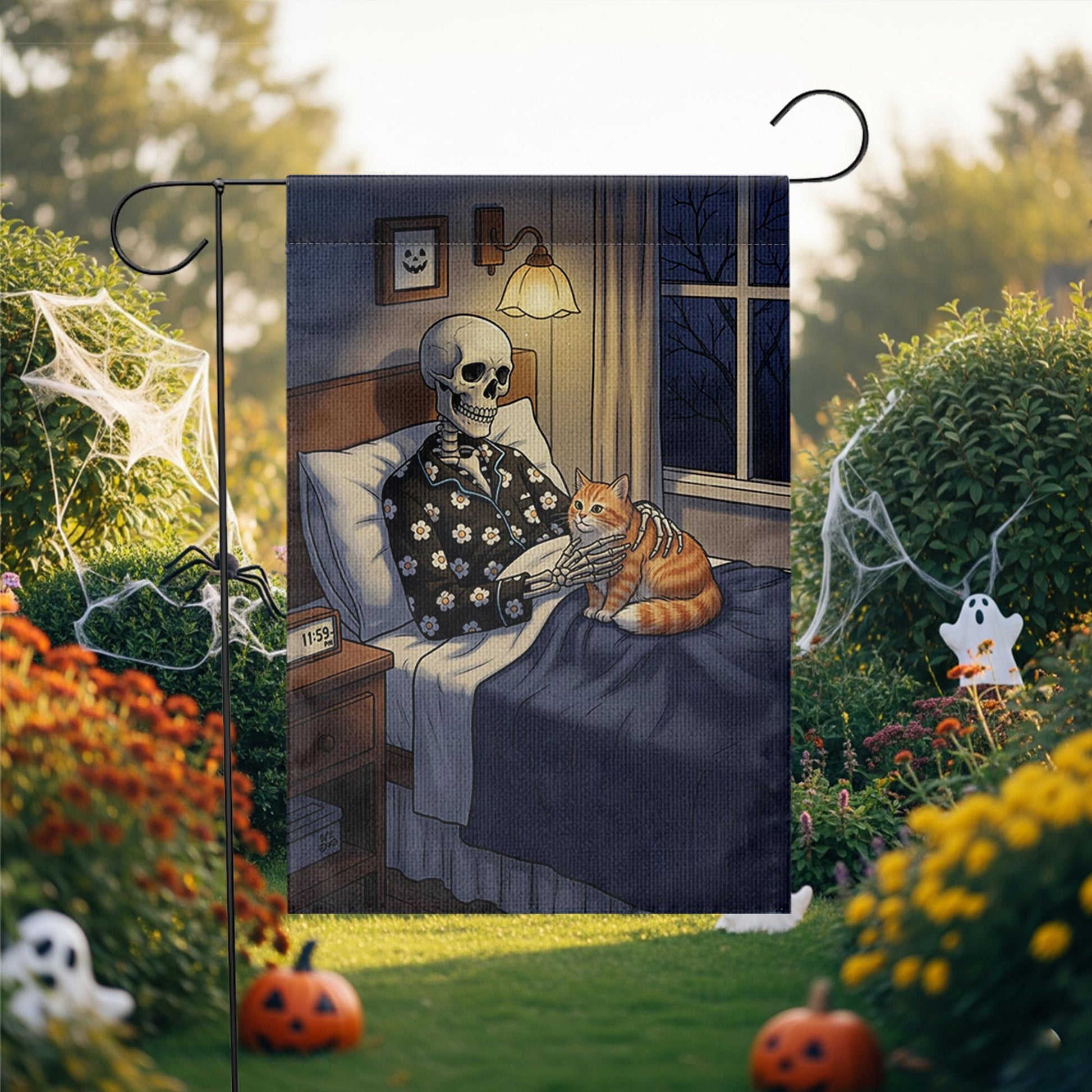 Funny Skeleton and Cat Garden Flag – Halloween Spooky Bedroom Decor, Cozy Skeleton Night Scene, Gothic Fall Outdoor Yard Banner