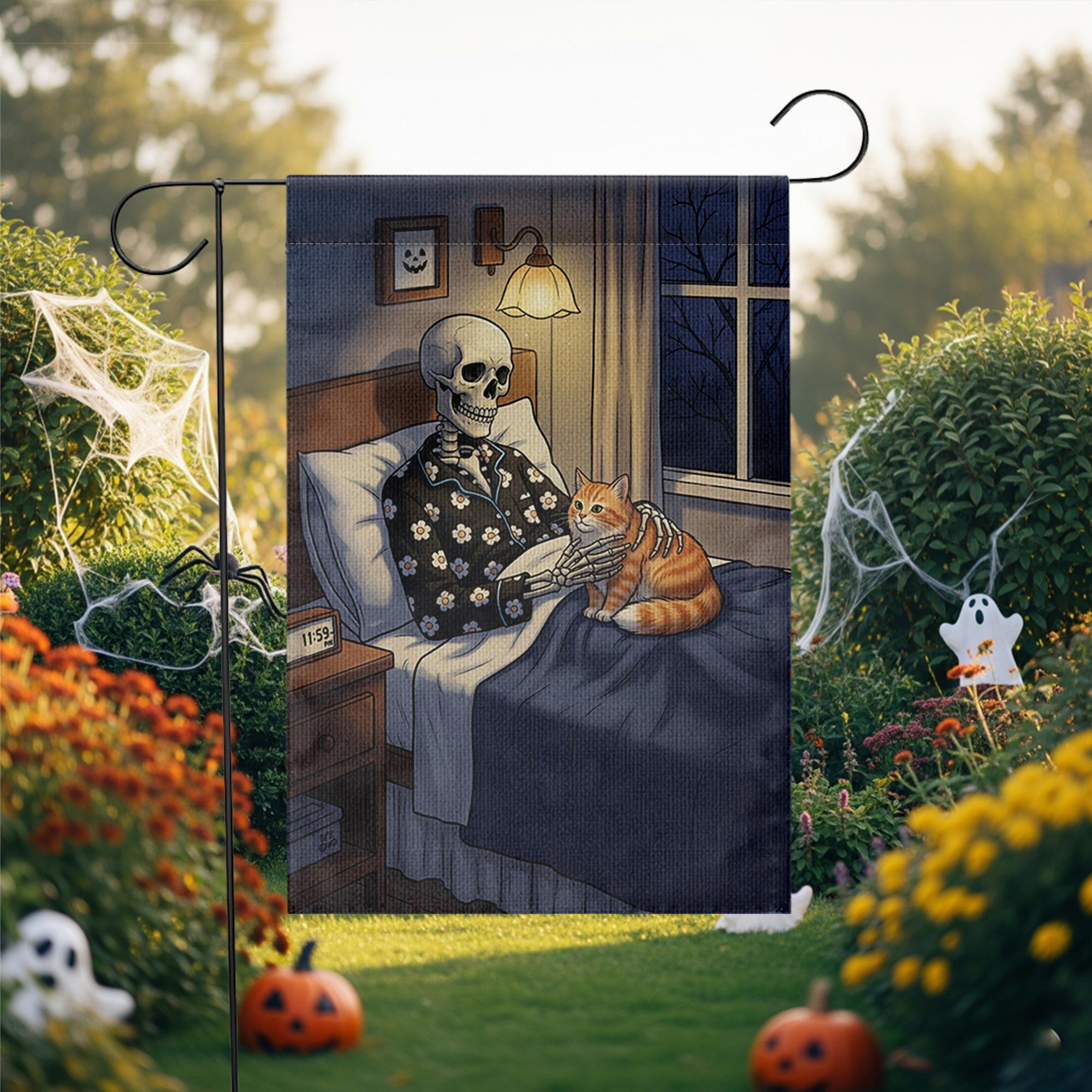 Funny Skeleton and Cat Garden Flag – Halloween Spooky Bedroom Decor, Cozy Skeleton Night Scene, Gothic Fall Outdoor Yard Banner