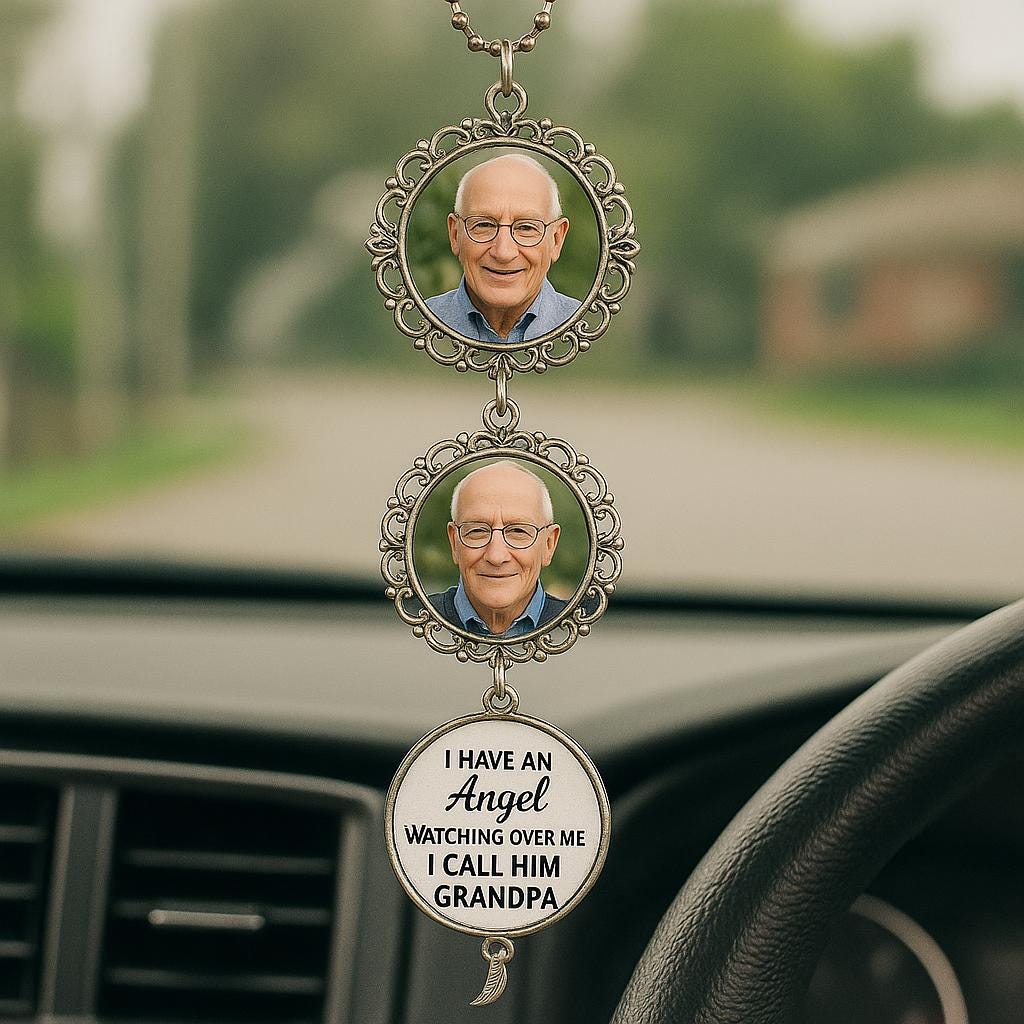 Custom Memorial Car Charm - Personalized Angel Rearview Mirror Photo Ornament - In Loving Memory Gift for Loss of Grandpa or Loved One