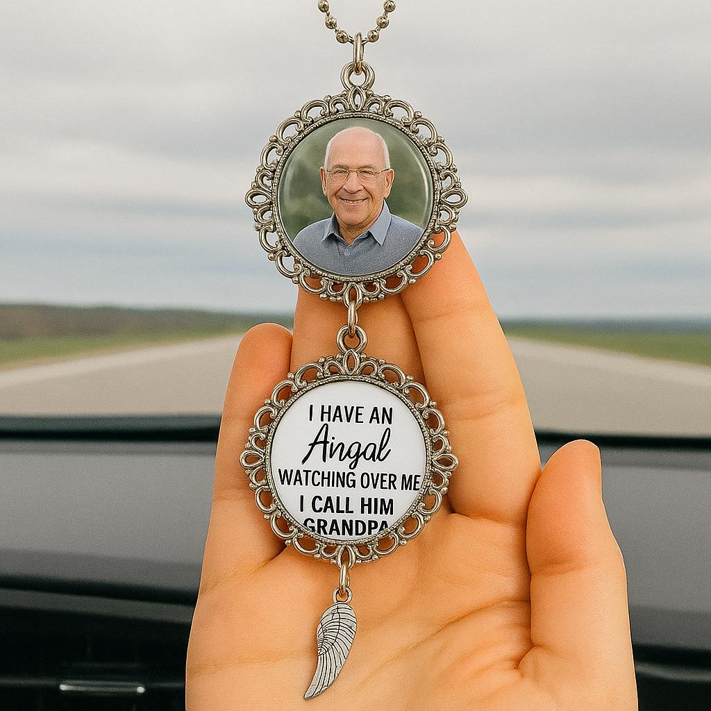 Custom Memorial Car Charm - Personalized Angel Rearview Mirror Photo Ornament - In Loving Memory Gift for Loss of Grandpa or Loved One