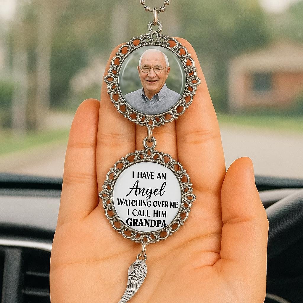 Custom Memorial Car Charm - Personalized Angel Rearview Mirror Photo Ornament - In Loving Memory Gift for Loss of Grandpa or Loved One