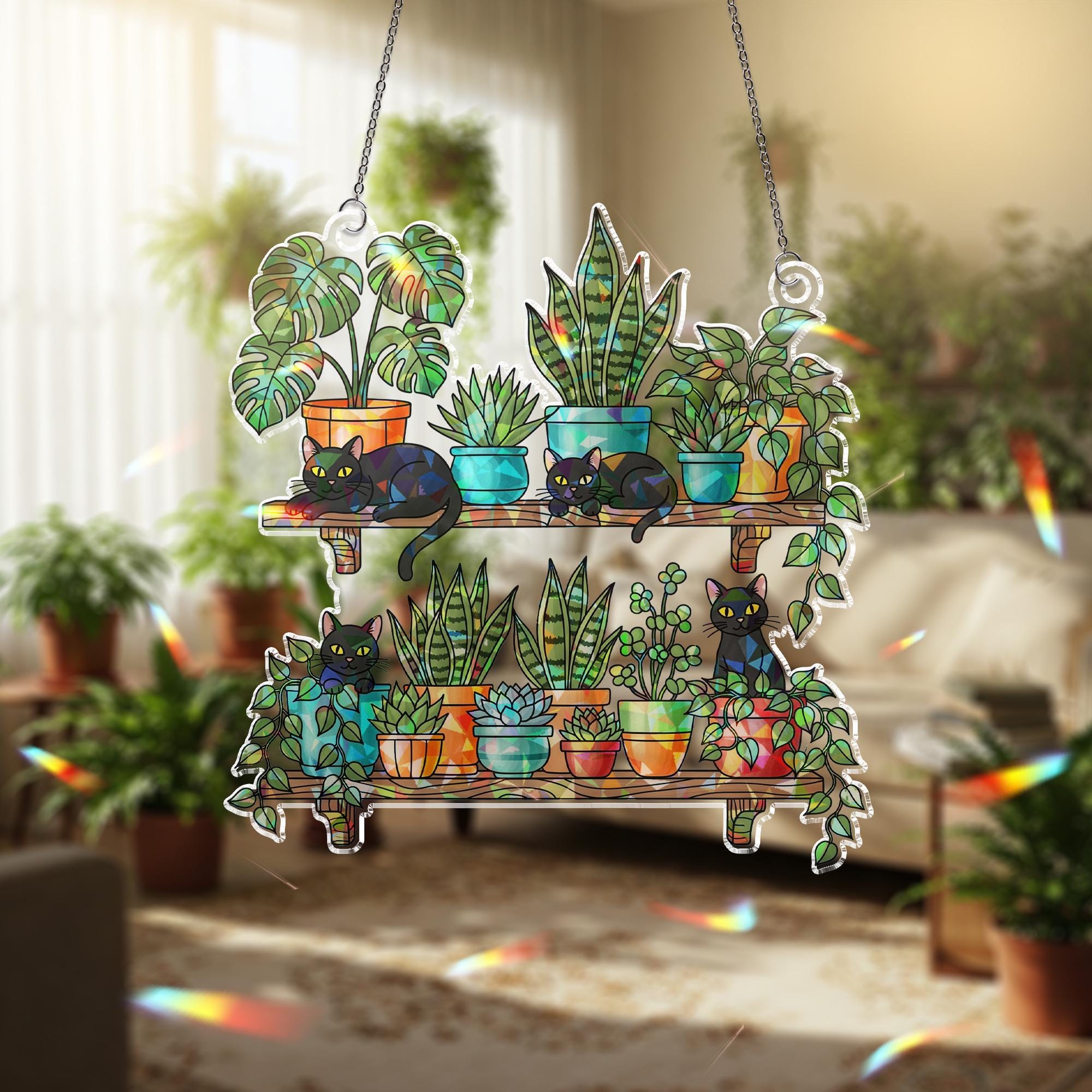 Black Cats and Plants Hologram Ornament – Cat Lover Window Decor, Hanging Shelf Garden Art, Boho Indoor Gift, Succulent Home Decor