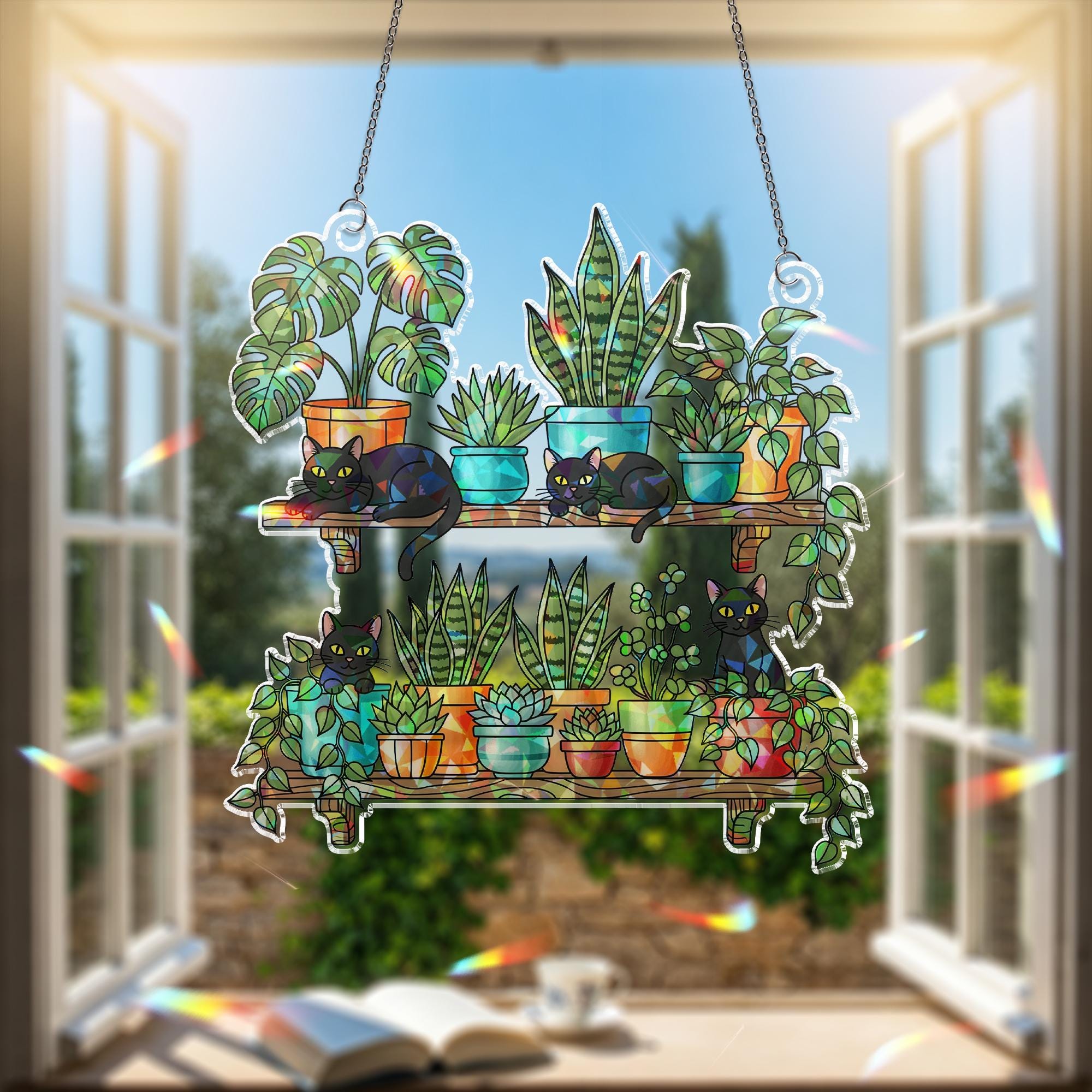 Black Cats and Plants Hologram Ornament – Cat Lover Window Decor, Hanging Shelf Garden Art, Boho Indoor Gift, Succulent Home Decor