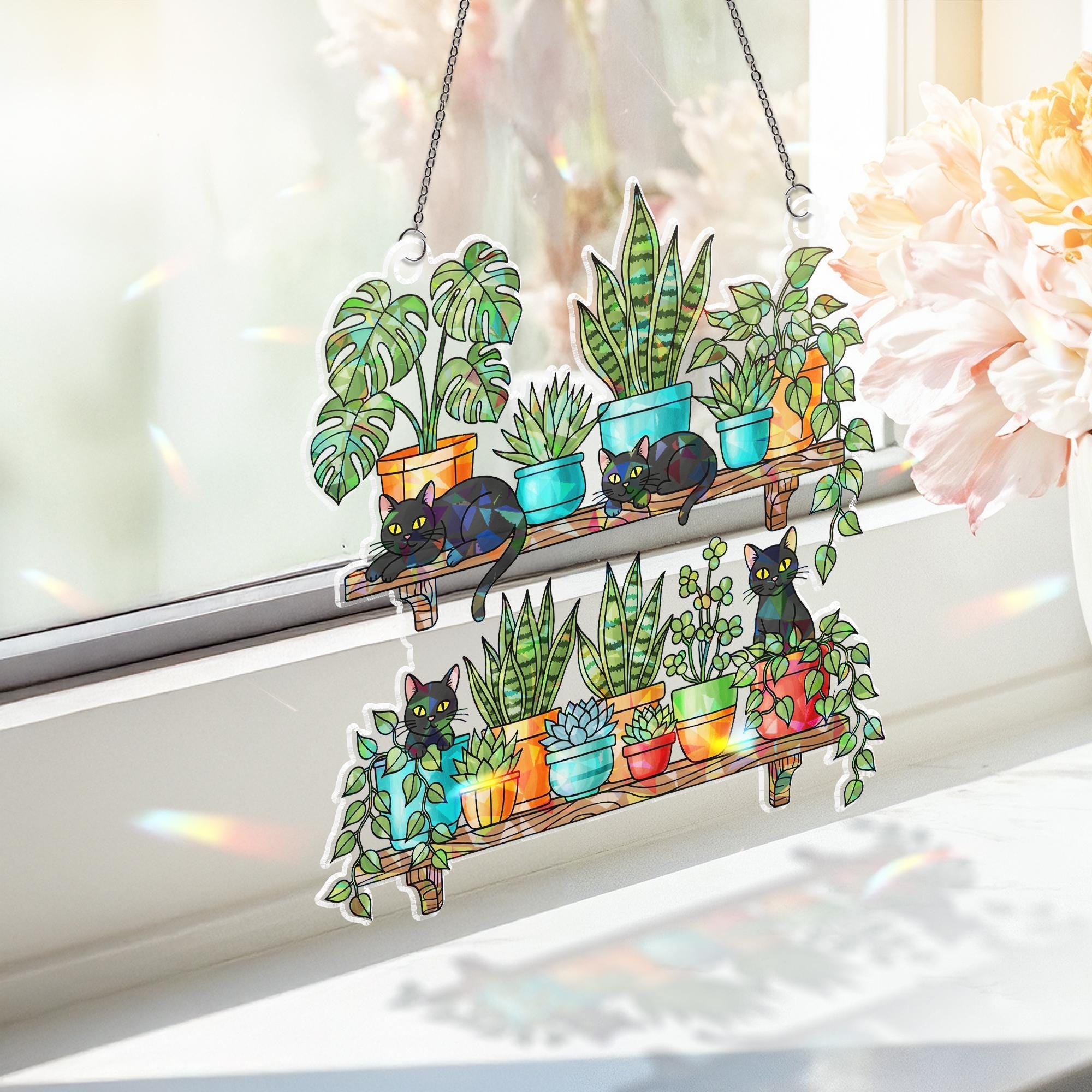 Black Cats and Plants Hologram Ornament – Cat Lover Window Decor, Hanging Shelf Garden Art, Boho Indoor Gift, Succulent Home Decor