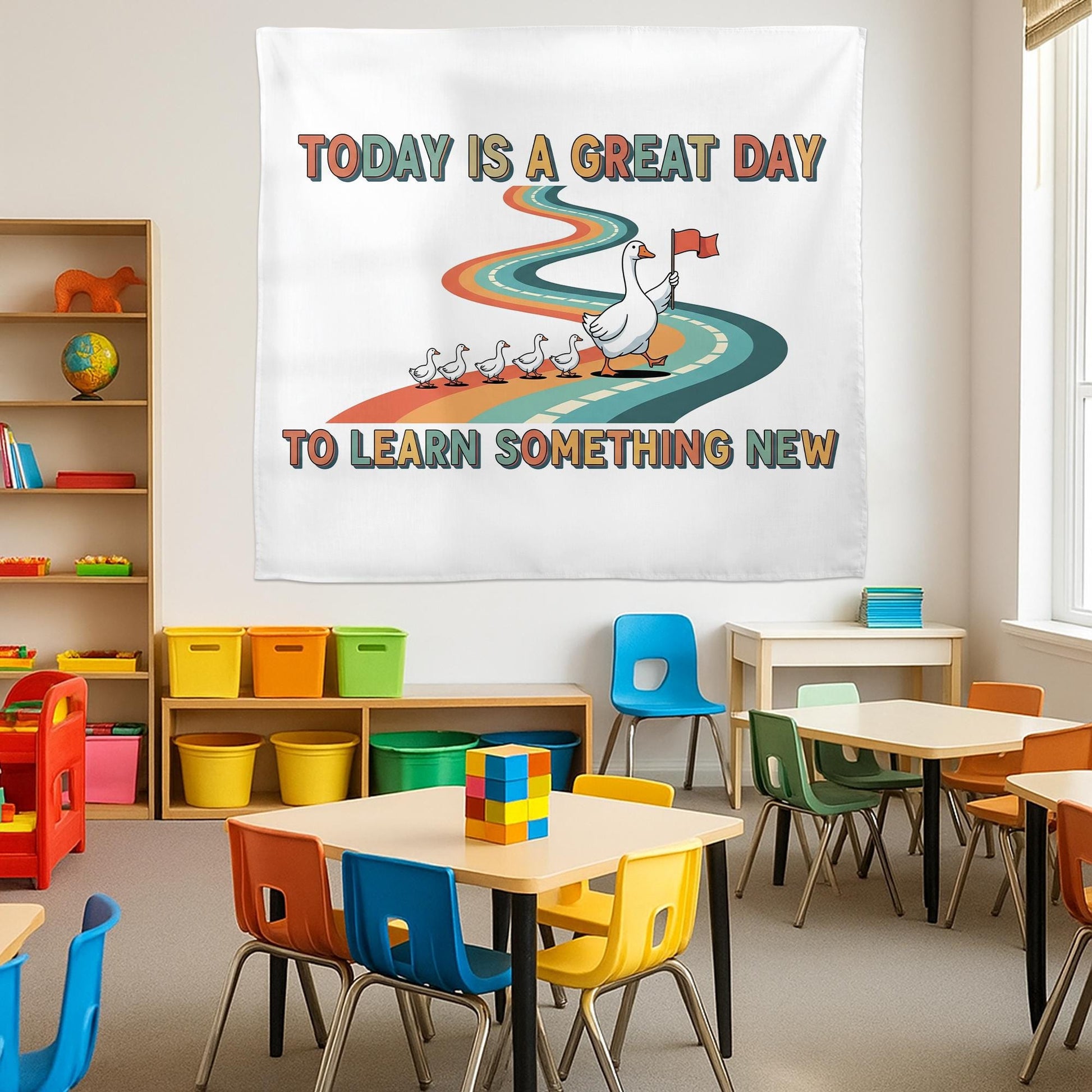 Today Is a Great Day to Learn Something New Goose Classroom Tapestry – Cute Teacher Wall Decor, Inspirational School Banner