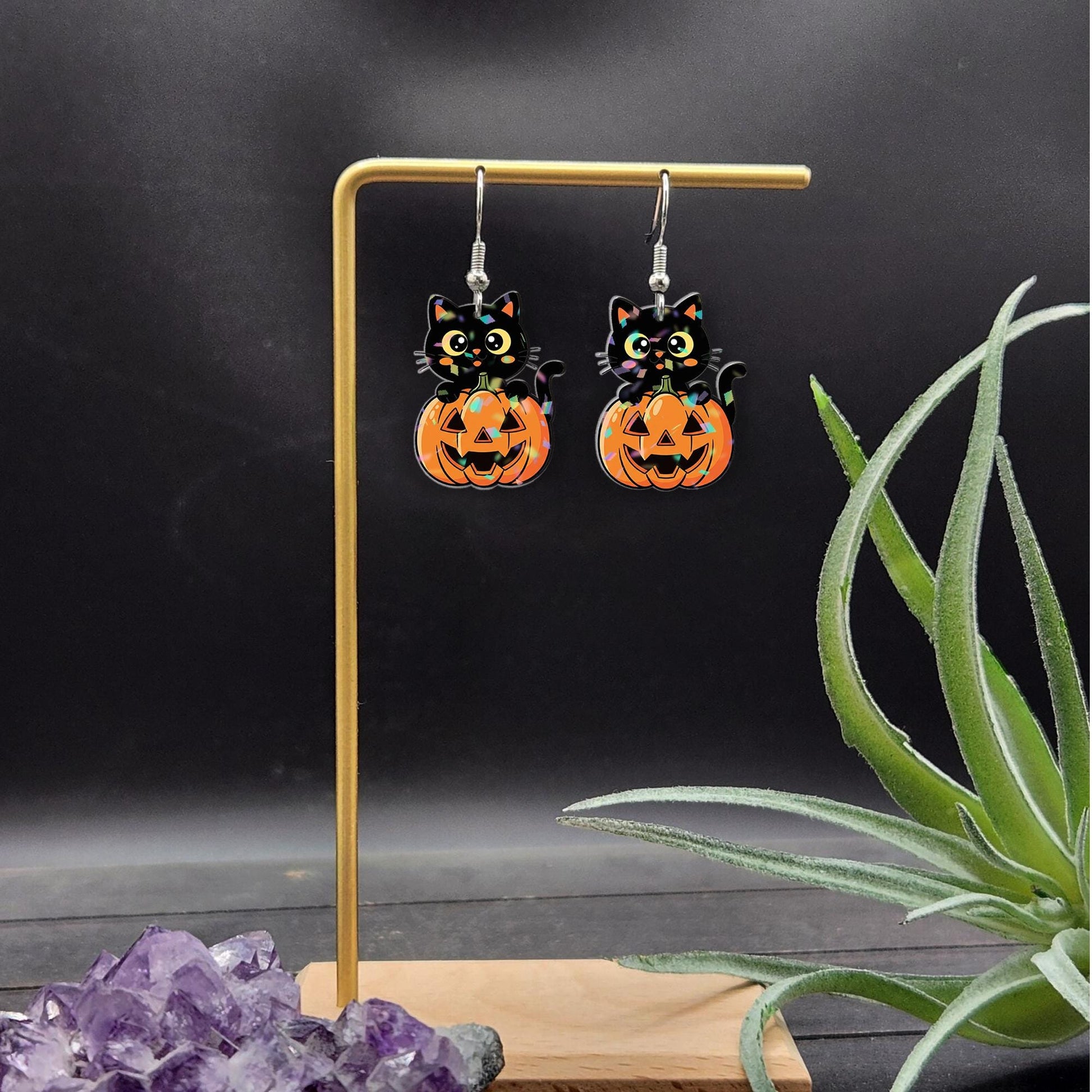 Cute Black Cat Pumpkin Earrings – Halloween Dangle Earrings, Spooky Fall Jewelry, Cat Lover Gift, Trick or Treat Accessories, Fall Earrings