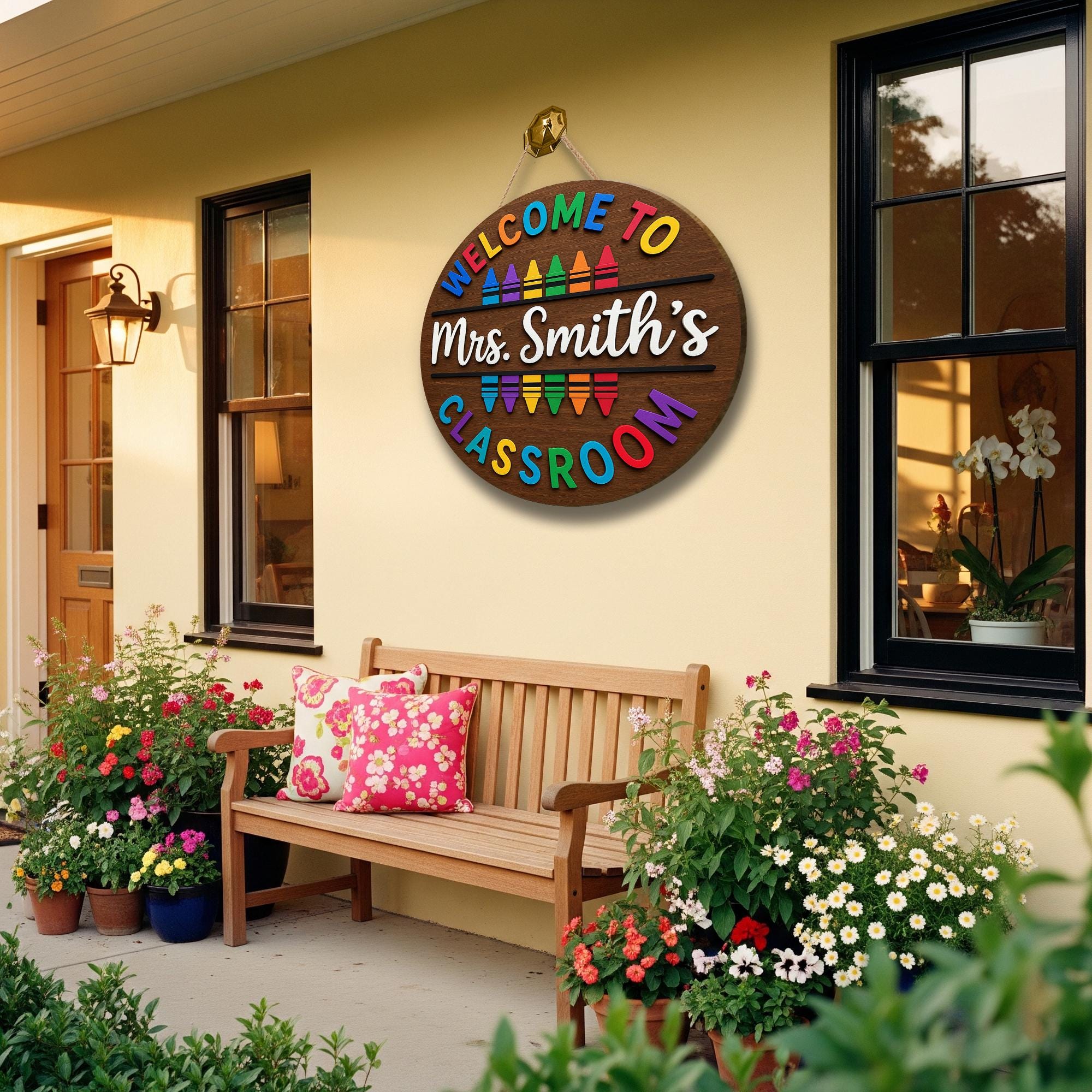 Welcome to Classroom Sign, 3D Crayon Teacher Door Hanger, Custom Wooden School Decor, Back to School Gift, Rainbow Name Sign