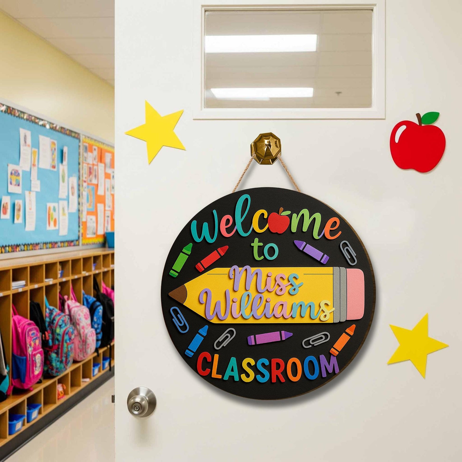 Welcome to Classroom Sign, 3D Wooden Teacher Door Hanger, Crayon Pencil Decor, Custom Name Back to School Sign, Preschool Room Gift