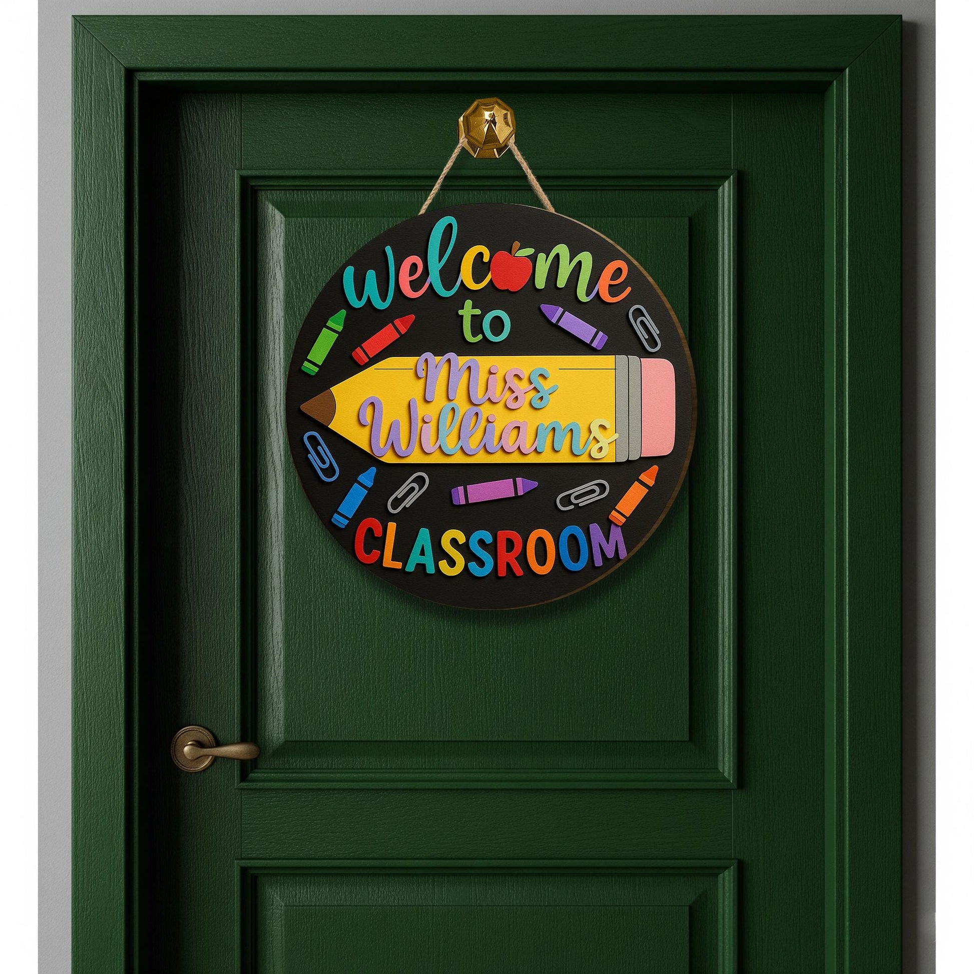 Welcome to Classroom Sign, 3D Wooden Teacher Door Hanger, Crayon Pencil Decor, Custom Name Back to School Sign, Preschool Room Gift