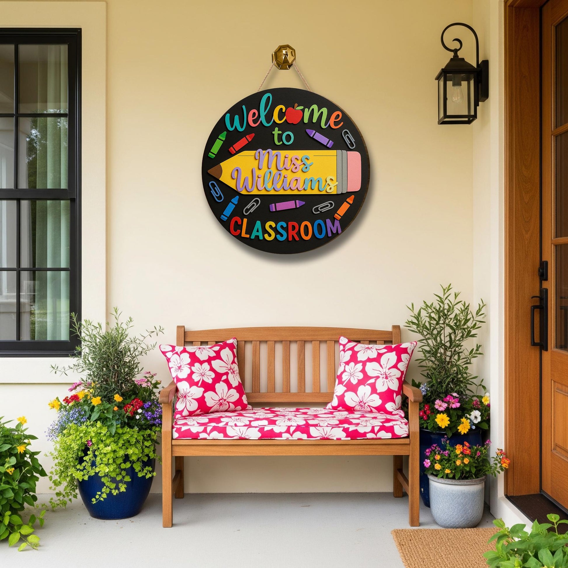 Welcome to Classroom Sign, 3D Wooden Teacher Door Hanger, Crayon Pencil Decor, Custom Name Back to School Sign, Preschool Room Gift