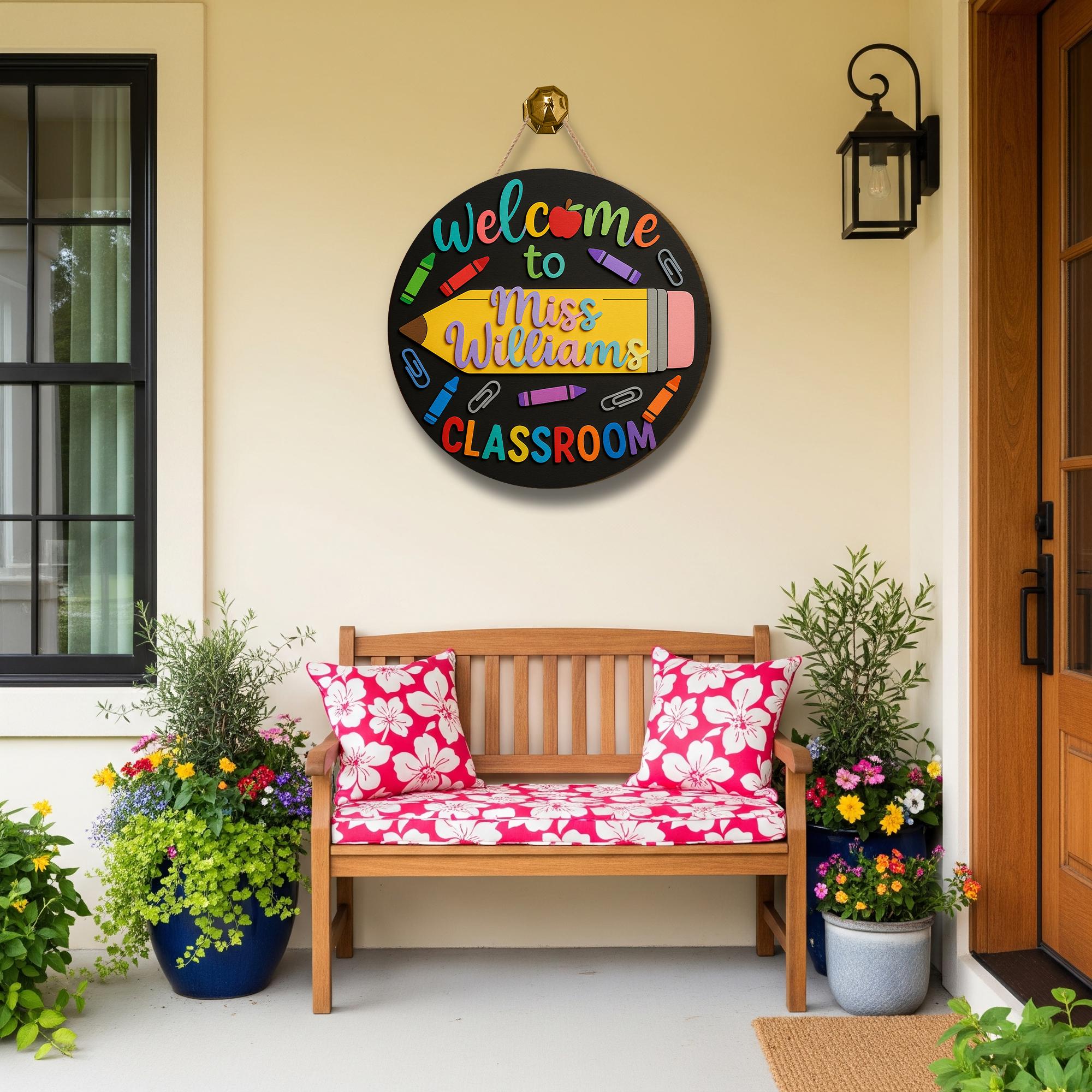 Welcome to Classroom Sign, 3D Wooden Teacher Door Hanger, Crayon Pencil Decor, Custom Name Back to School Sign, Preschool Room Gift