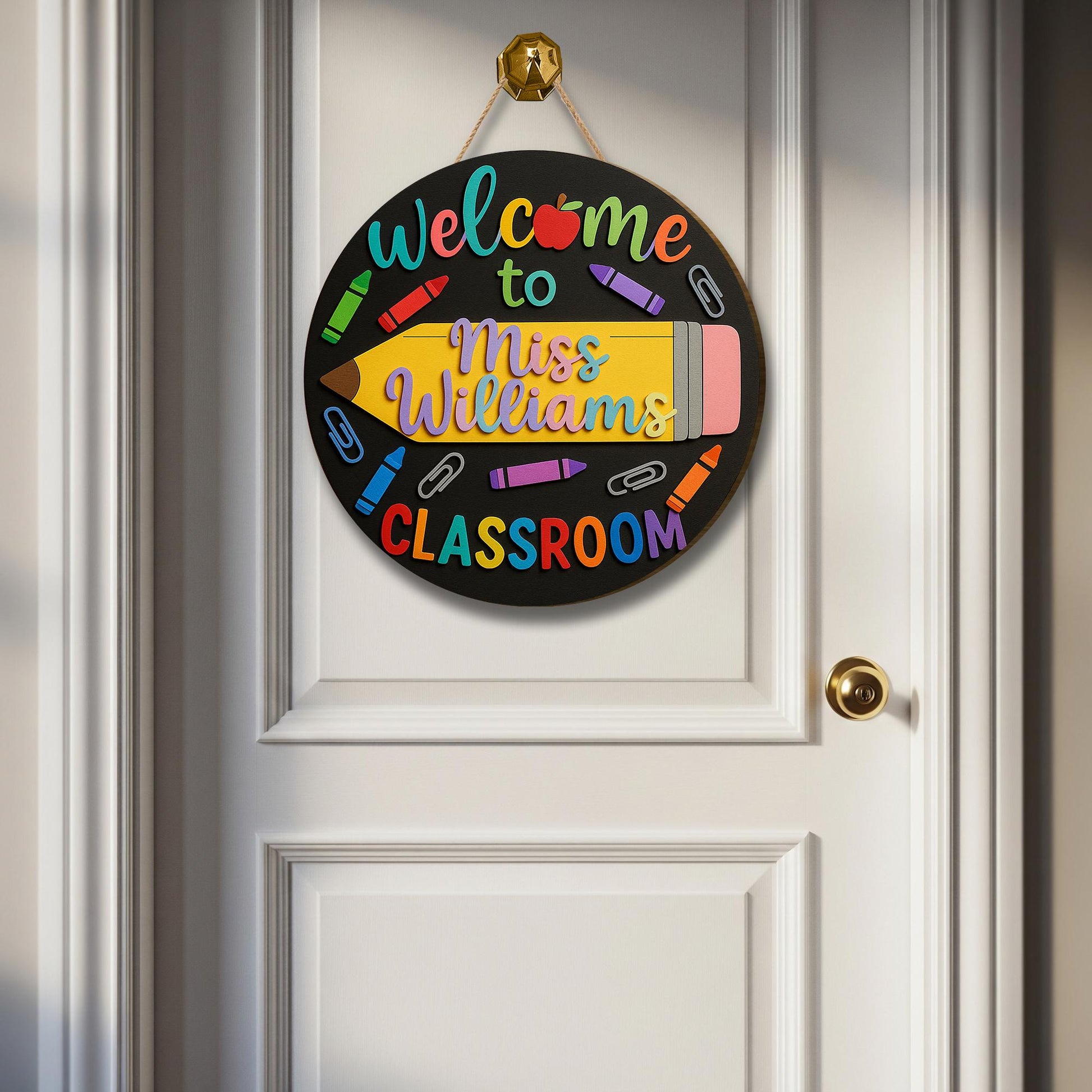 Welcome to Classroom Sign, 3D Wooden Teacher Door Hanger, Crayon Pencil Decor, Custom Name Back to School Sign, Preschool Room Gift