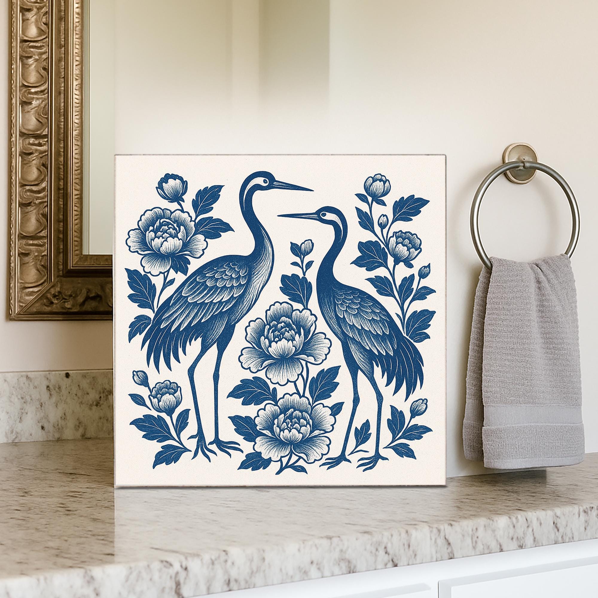 Chinoiserie Crane Wooden Block, Blue and White Bird Floral Decor, Elegant Asian Style Art, Bathroom Shelf Sign, Oriental Wall Accent