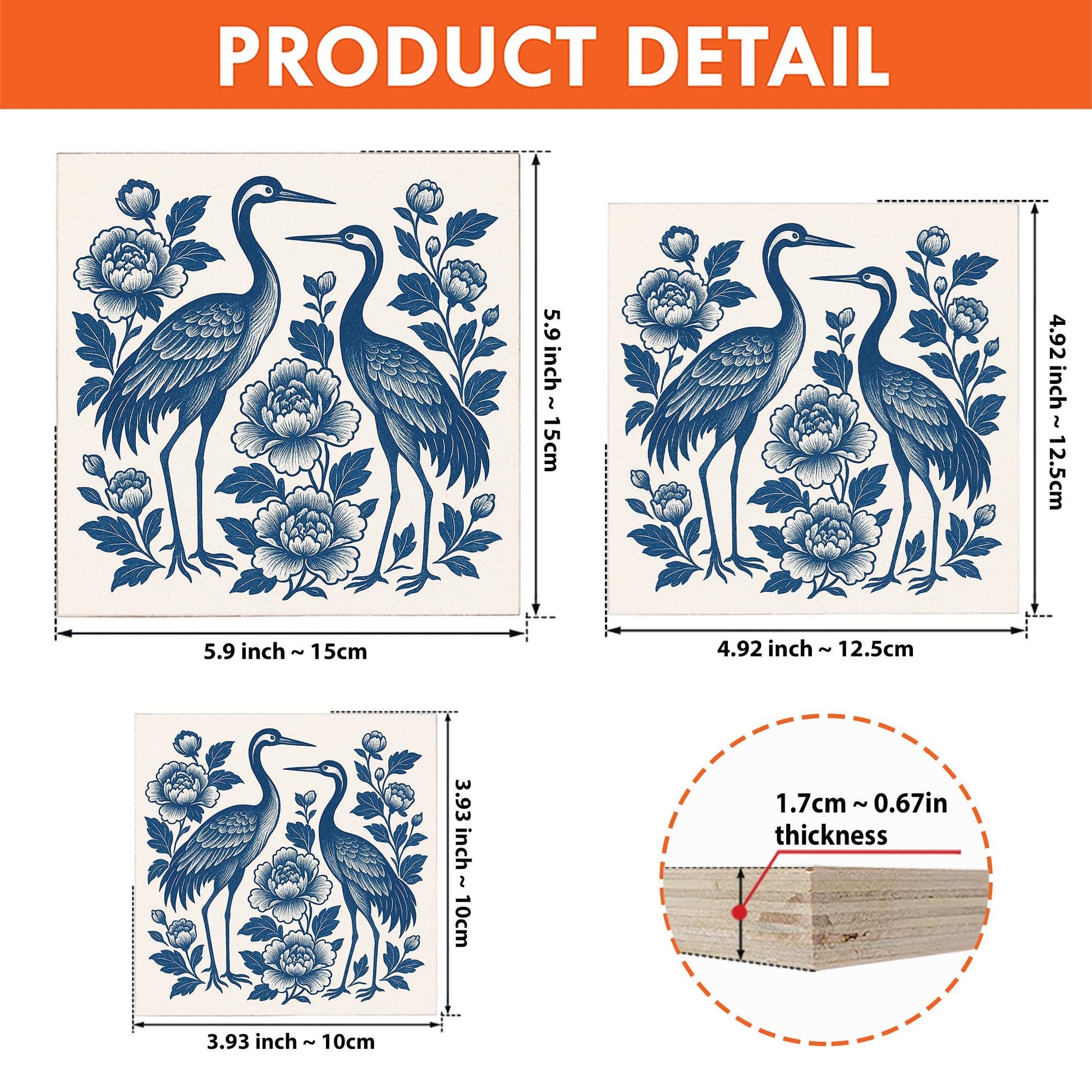 Chinoiserie Crane Wooden Block, Blue and White Bird Floral Decor, Elegant Asian Style Art, Bathroom Shelf Sign, Oriental Wall Accent