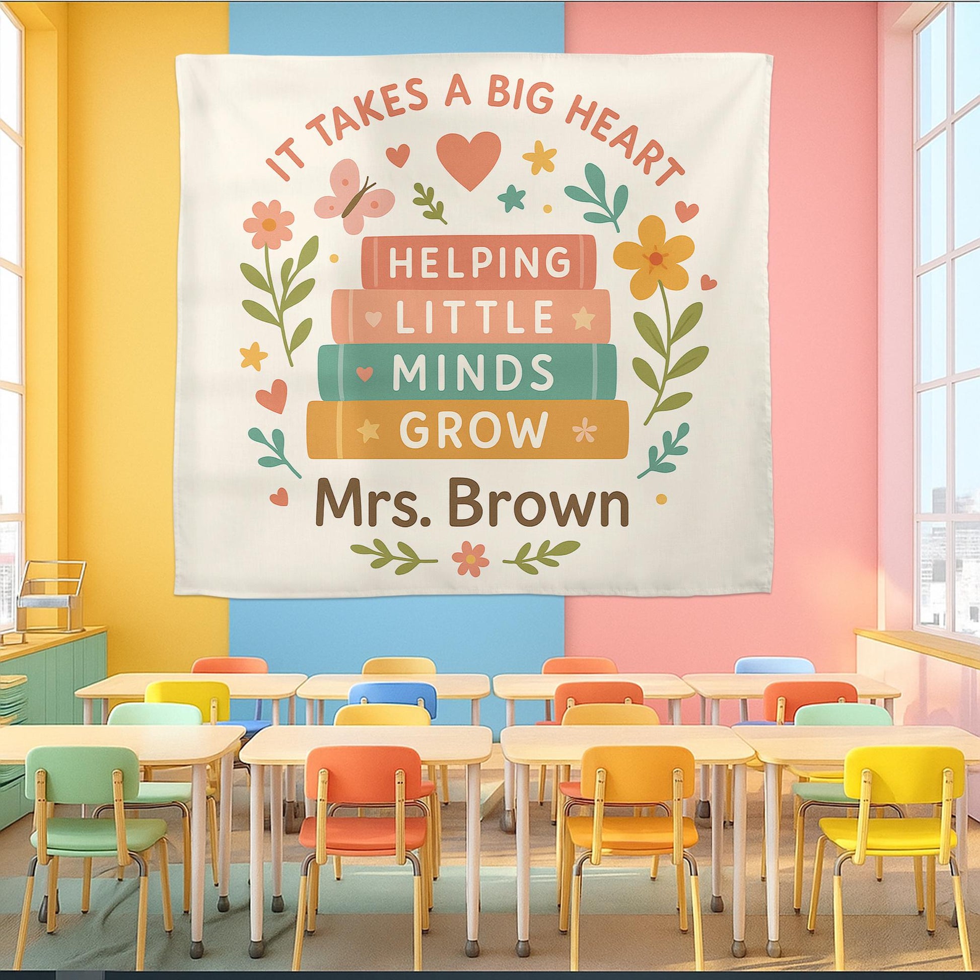 Personalized Teacher Tapestry, Helping Little Minds Grow Wall Art, Custom Classroom Decor, Teacher Appreciation Gift, Name Banner