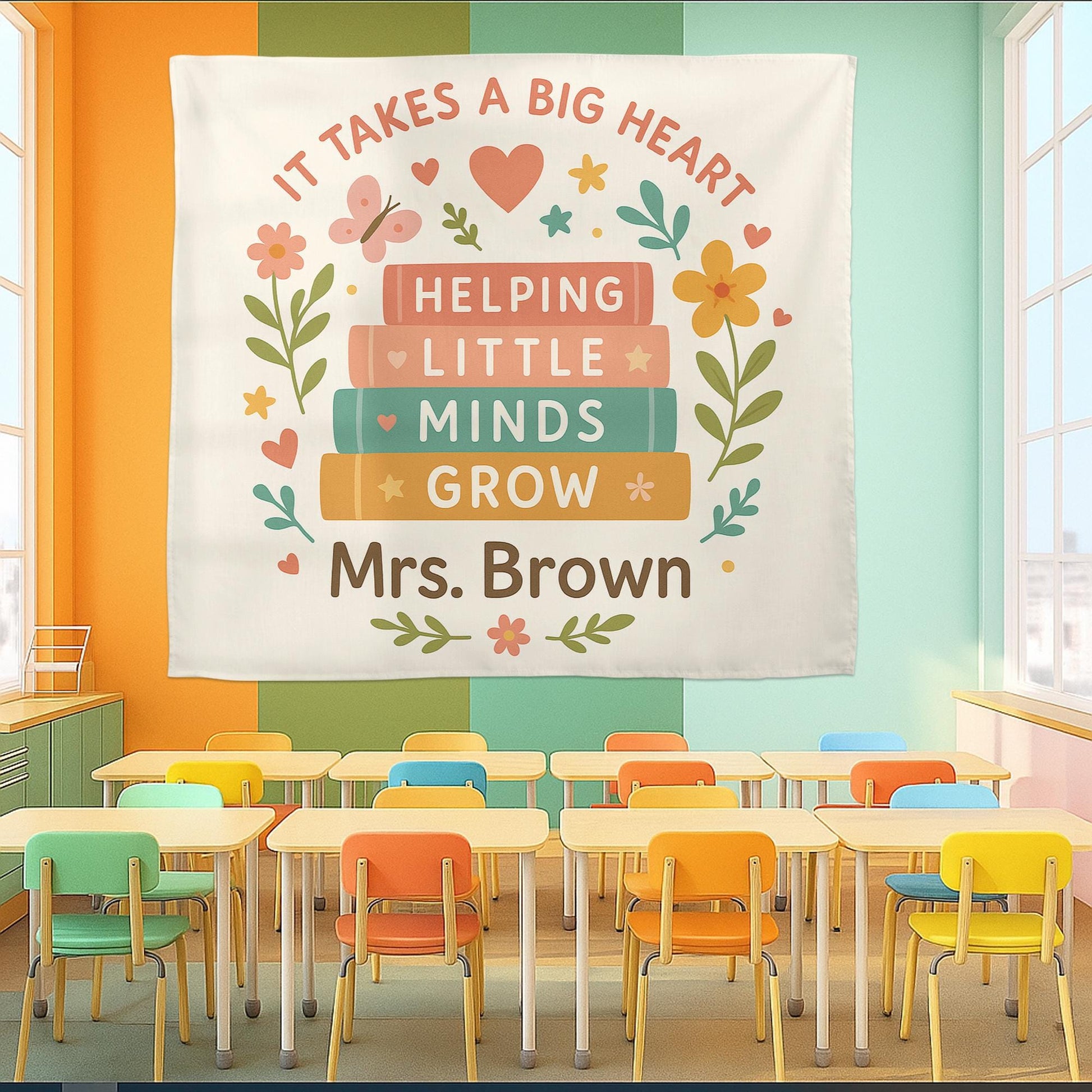 Personalized Teacher Tapestry, Helping Little Minds Grow Wall Art, Custom Classroom Decor, Teacher Appreciation Gift, Name Banner